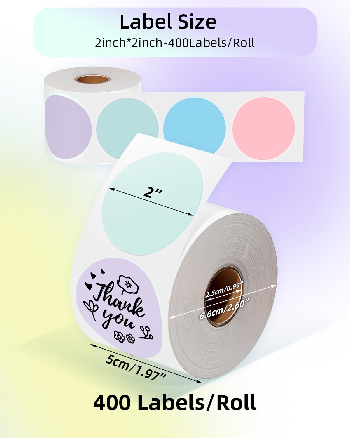 Phomemo 2 in? yuvarlak termal etiket, Sticky Circle etiketi, Circular Direct Thermal Printer etiketi, Danke ??kartmas?, logo, isim/fiyat, adres, QR kodu, 400 etiket (lila, ye?il, mavi, pembe)