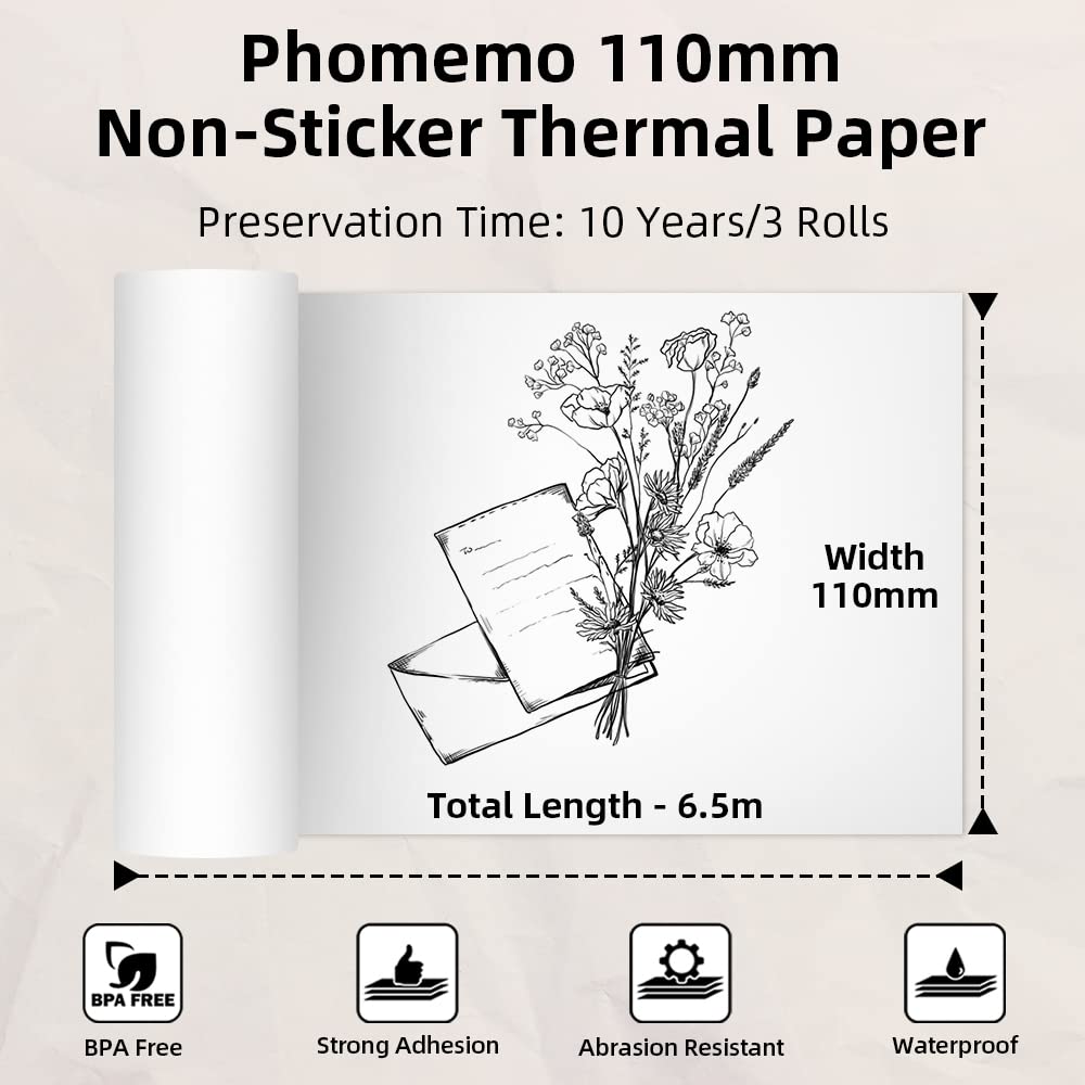 Phomemo 110mm nicht klebendes weißes Thermopapier für M04S/M04AS/M832/M833/M834 Drucker, 110mm x 6.5m, 10 Jahre Konservierung,Schwarz auf Weiß, für Aufkleber,Tagebuch,Texte, Studiennotizen, 3 Rollen