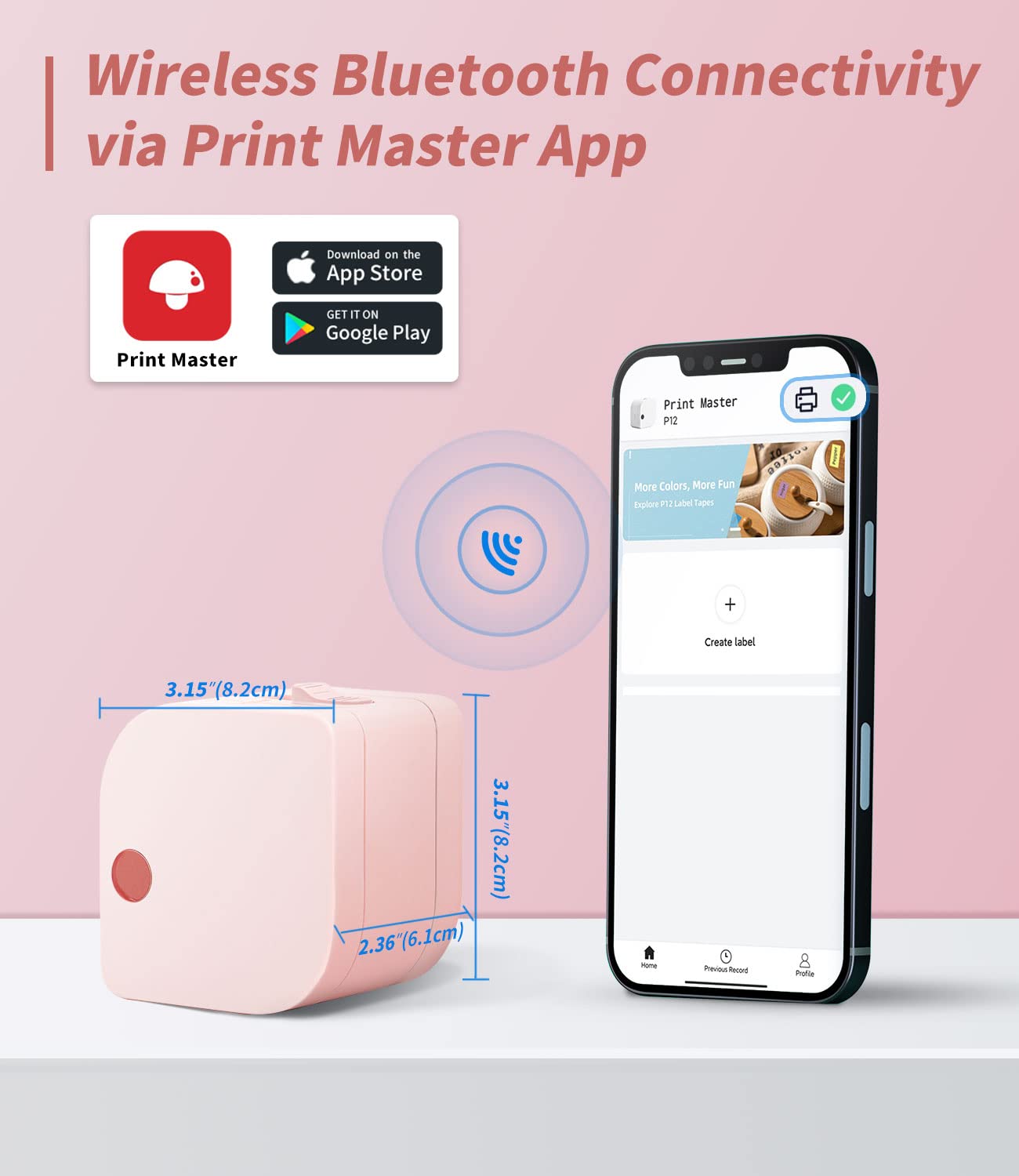 Phomemo P12-Pro Mini drukarka etykiet z Bluetooth, ładowanie przez USB, samoprzylepna, drukarka etykiet do biura, domu, bezprzewodowa drukarka etykiet dla iOS i Android, różowa