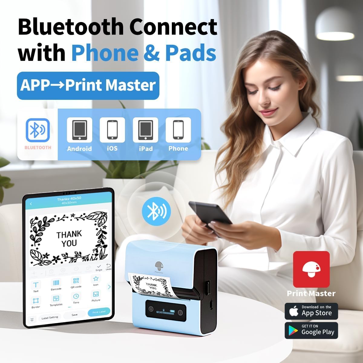 Phomemo Barcode Label Makers- M221 Label Printer 3 Inch Bluetooth Label Maker Machine with 3 Roll Label for Barcode, Address, Logo, Mailing, Stickers, Small Business, Home, Office, Blue
