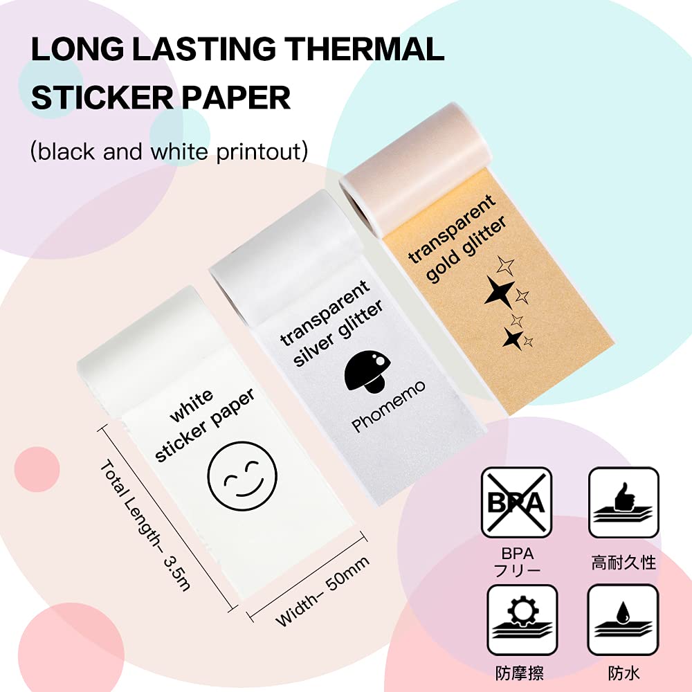 Phomemo Adhesive Thermal Sticker Paper, White/Gold Glitter/Silver Glitter Thermal Paper, for Phomemo M02/M02 Pro/M02S/M03 Bluetooth Thermal Pocket Printer, 50mm-53mm Width, 3.5m Length, 3 Roll