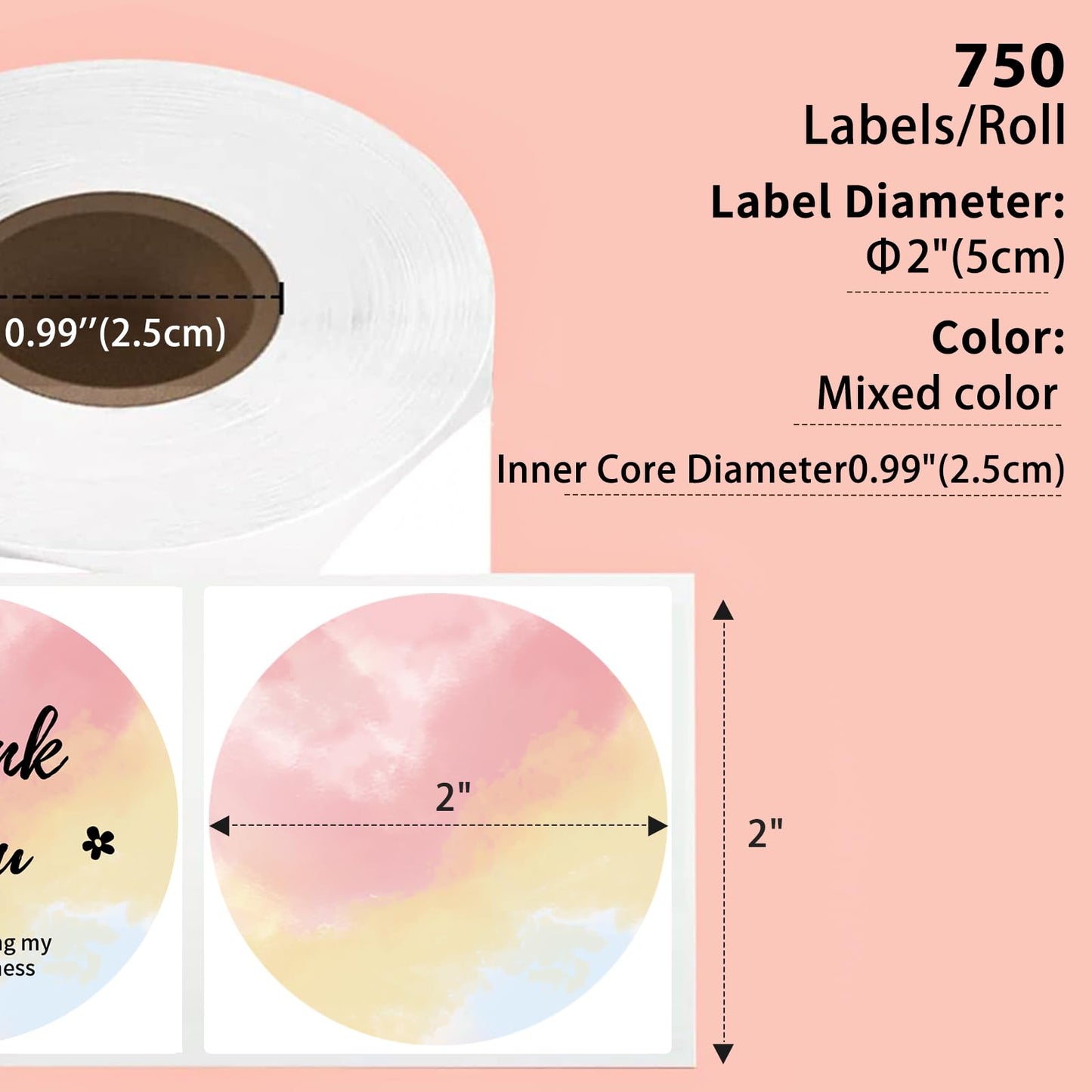 Phomemo 2 inch ronde gemengde kleuren etiketten, 750 etiketten/rol, compatibel met MUNBYN, Phomemo, Polono labelprinter, BPA-vrije verzendlabels, zelfklevende thermische etiketten voor logo, code