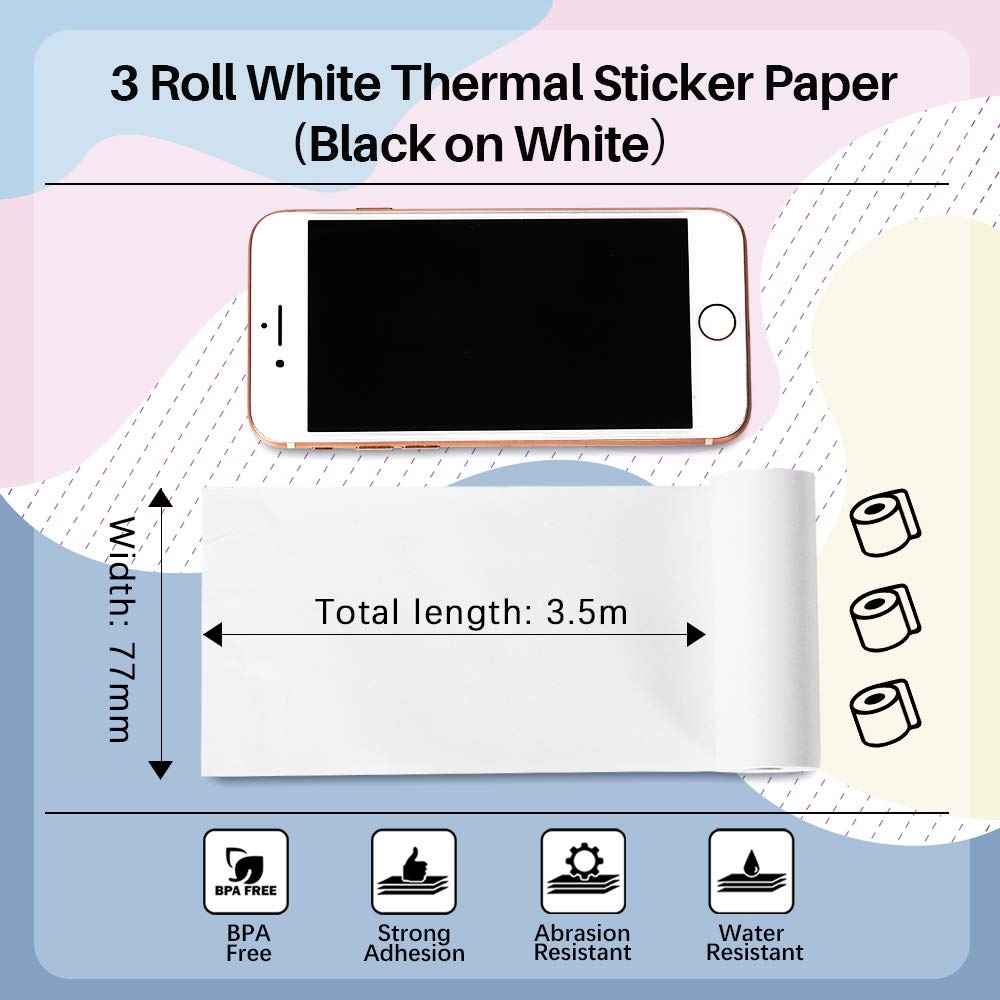 Phomemo Papier Thermique Autocollant 80mm (3 pouces) pour Imprimante Thermique Portable Phomemo M03, M03AS, M04S, M04AS, 80 mm x 3,5 m, 10 ans de Stockage, Trois Rouleaux par Bo?te