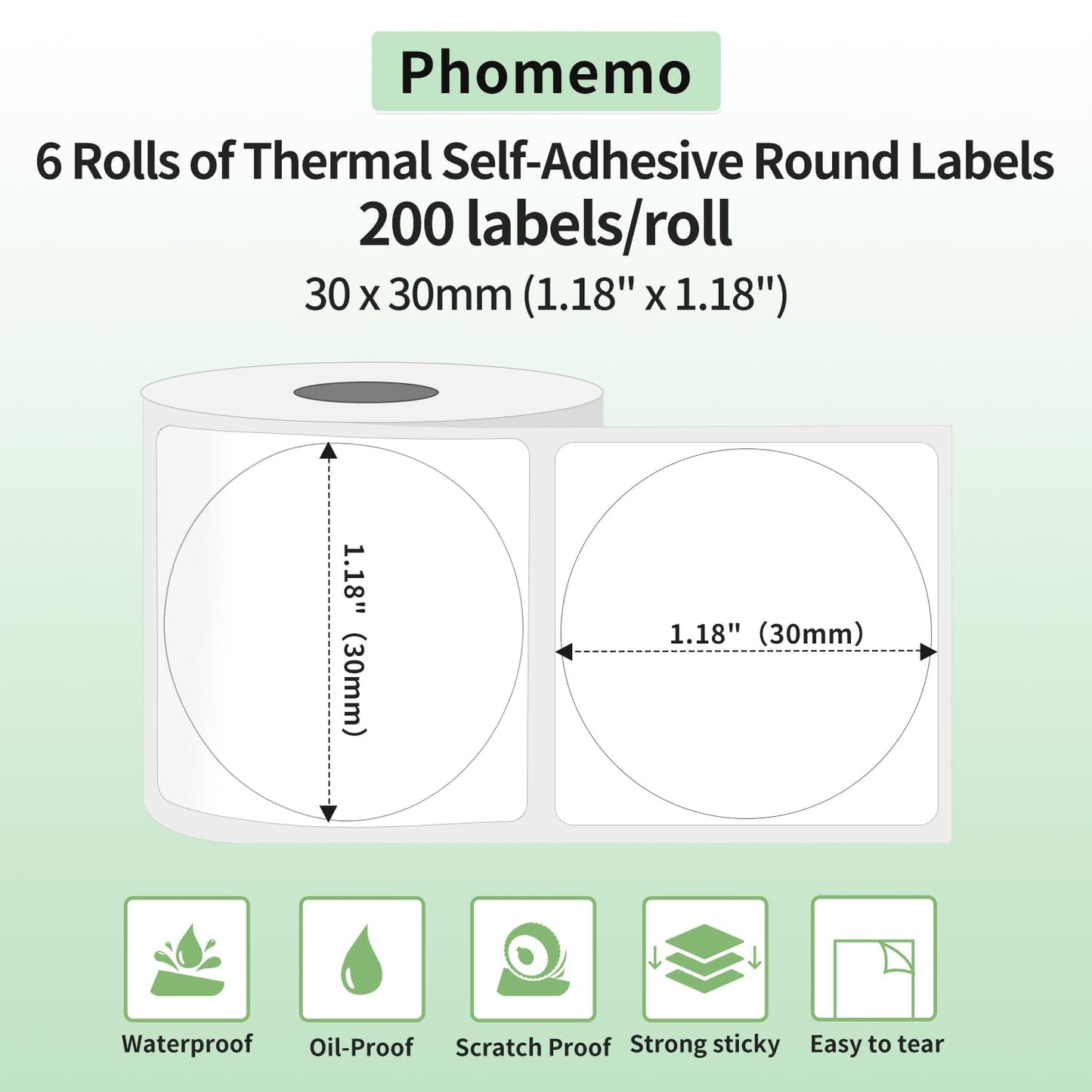 Phomemo 6 Rotoli Etichette rotonde Compatibile con le stampanti Phomemo M110 M120 M220 M221 M200 6 rotoli 1.18''x1.18'' (30x30mm) Etichette termiche autoadesive multifunzionali,200 etichette/rotolo