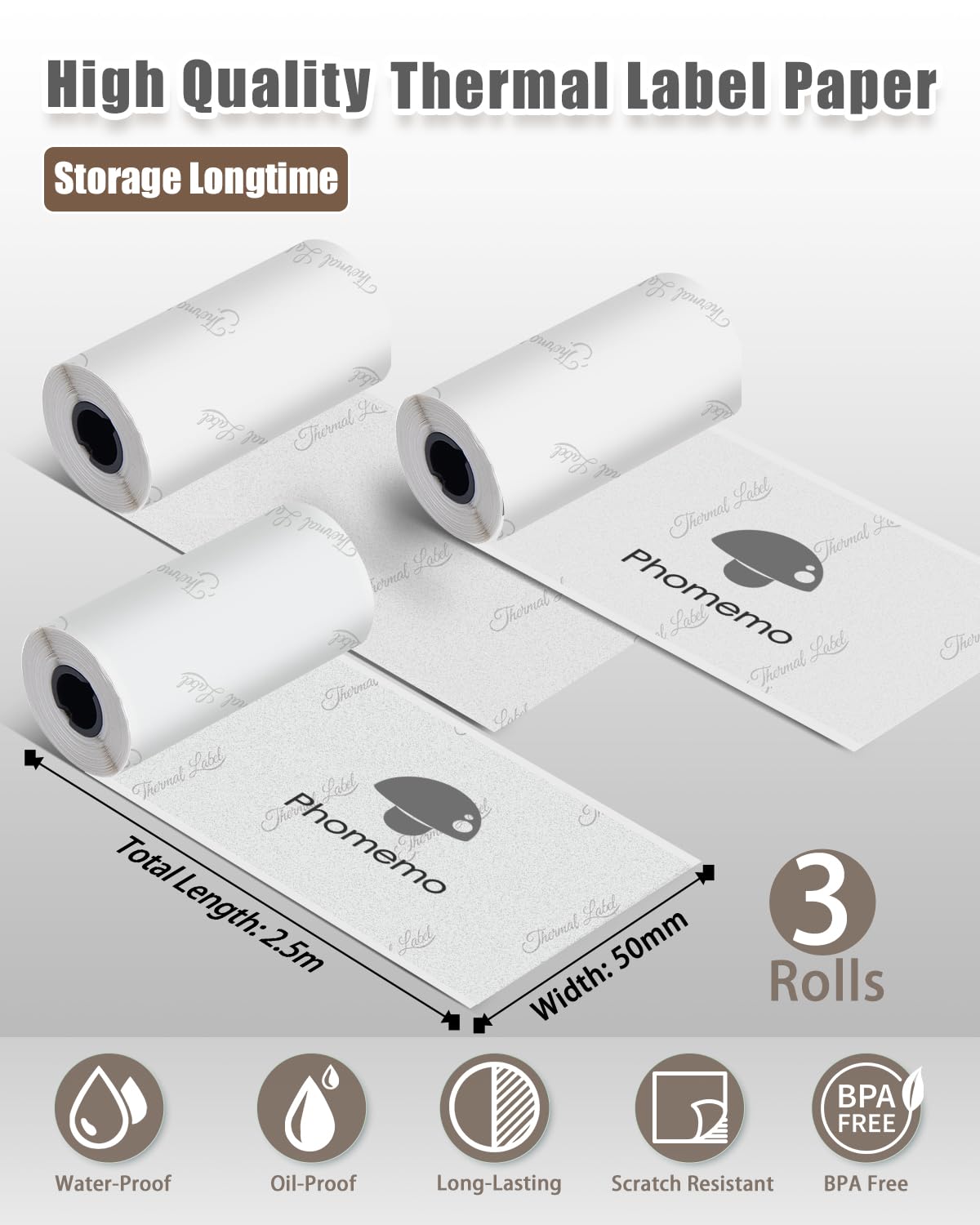 Phomemo Semi-Translucent Self-Adhesive Thermal Sticker Paper, Compatible With Phomemo M02/M02S/T02/M832 Thermal Printer, 50mm x 2.5m, 3 Rolls