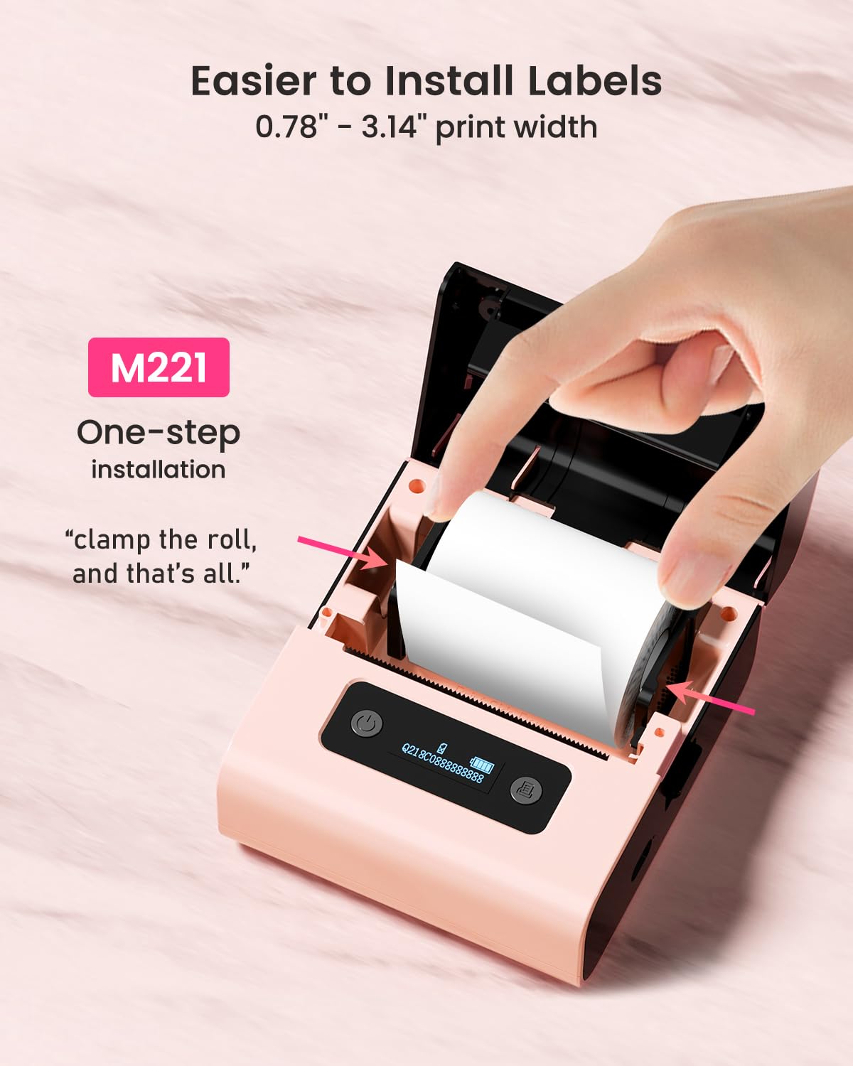 Phomemo New M221 Label Printer, Flagship 3'' Bluetooth Thermal Portable Label Maker - for Address, Barcode, Small Business, Office, Home for Phone, PC/Mac, with 3pack Most Used Labels, Baby Pink