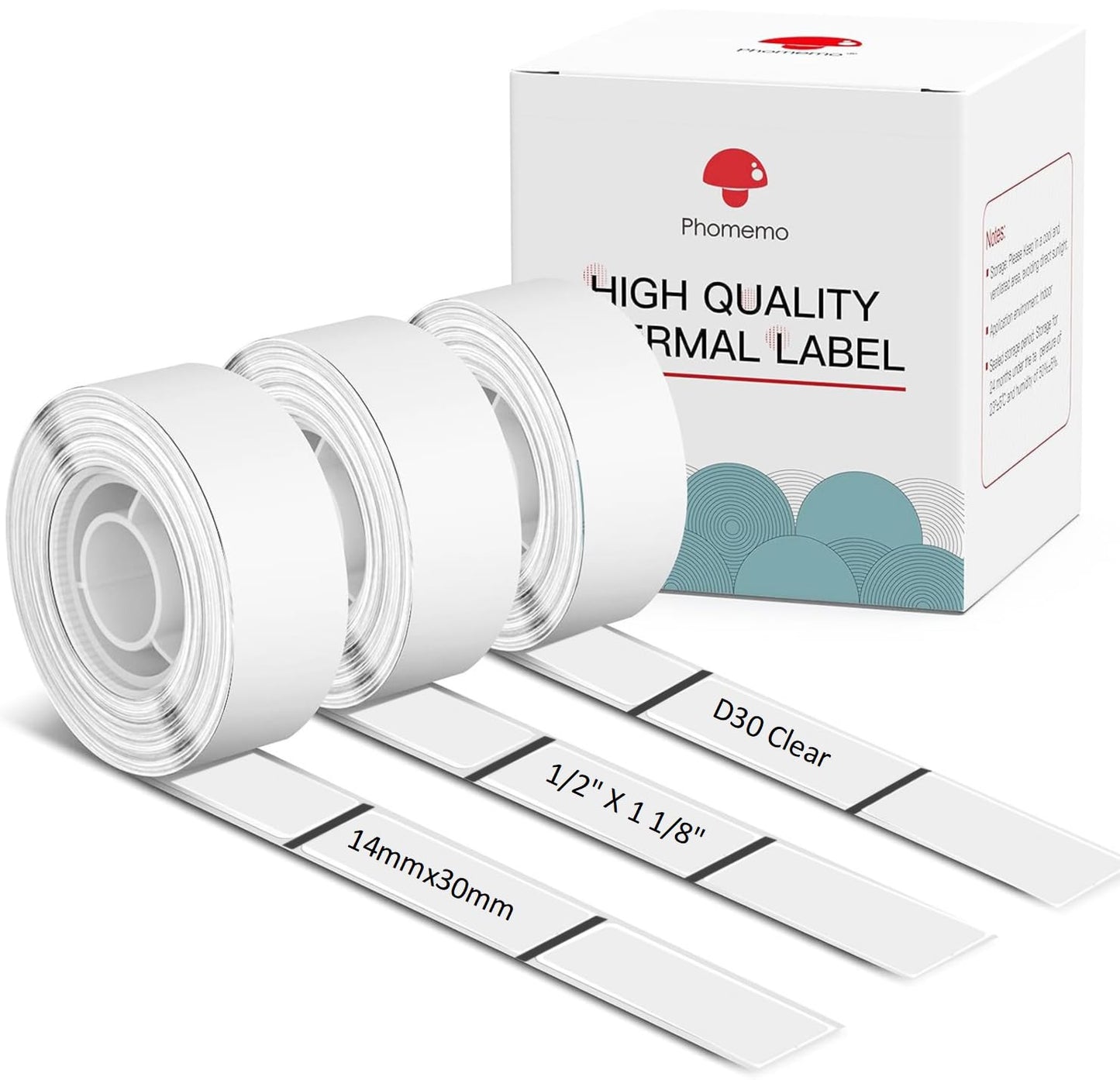 Phomemo Adhesive Clear Labels for D30 Portable Thermal Label Maker 1/2'' X 1 1/8'' (14mm X 30mm) 210 Labels/Roll, D30 Thermal Printing Label Paper, Black on Clear, 3 Roll
