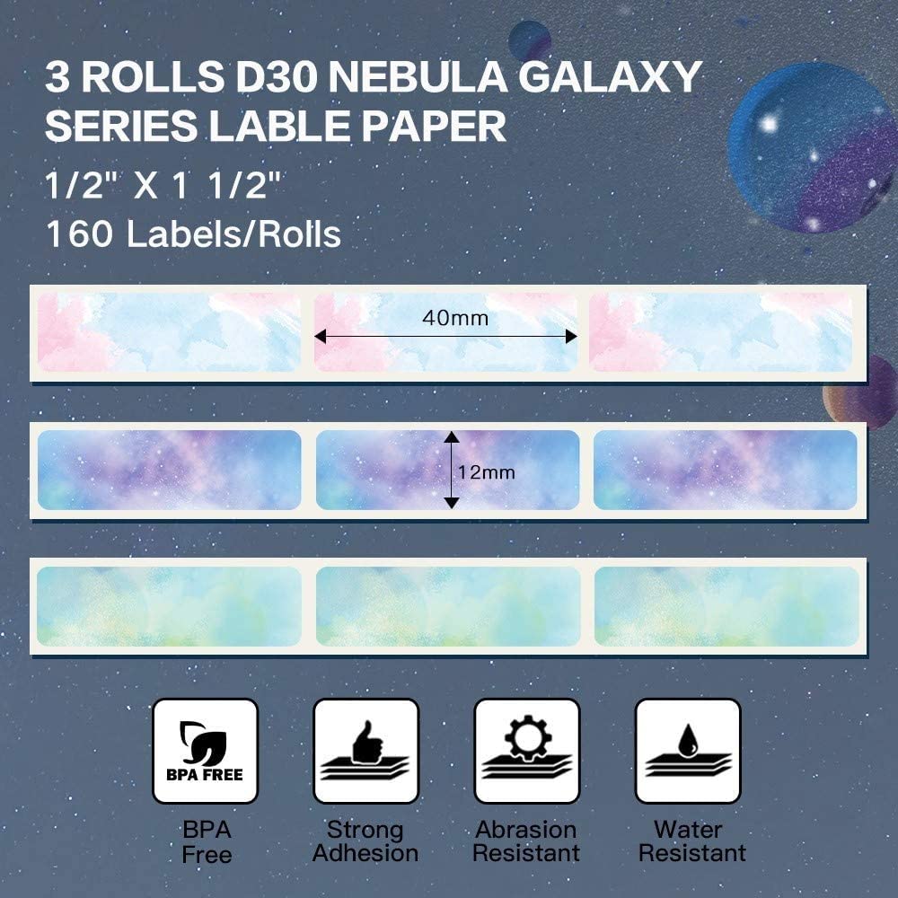 Phomemo D30 Adhesive Nebula/Galaxy Series Pattern Paper 1/2'' X 1 1/2'' (12mm X 40mm) 160 Labels/Roll, 3 Roll, for Christmas Home Office School Organization, Gift, Compatible with D30 Label Maker