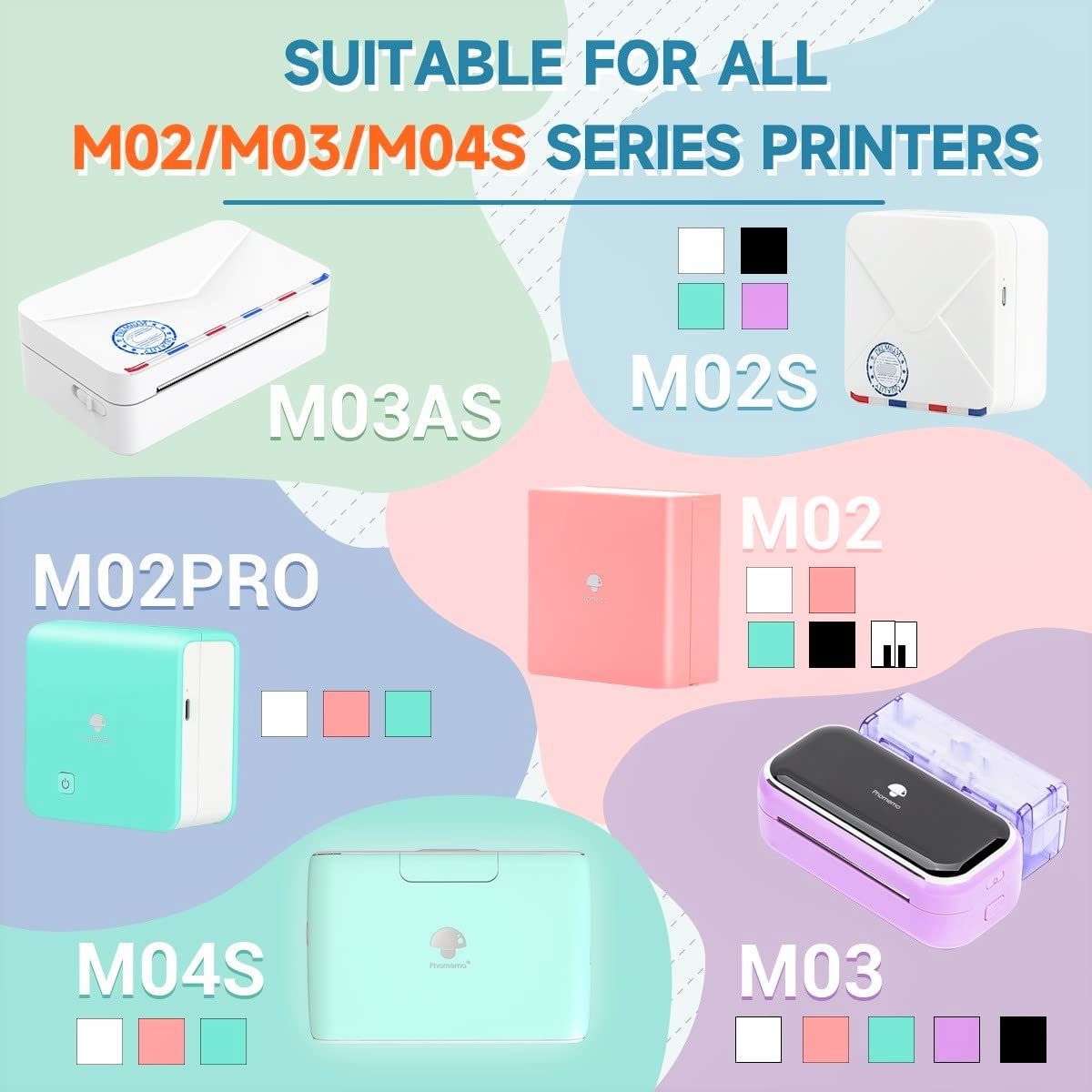 Phomemo Adhesive Thermal Sticker Paper,White/Transparent/Semi-Transparent Thermal Printer,for Phomemo M02/T02/M02 Pro/M02S/M03/M03AS/M04S Bluetooth Thermal Pocket Printer, 50mm-53mm Width
