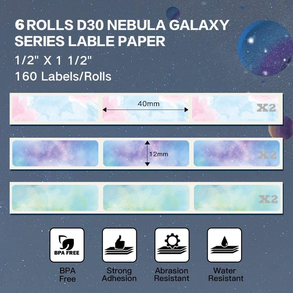 Phomemo D30 6 Roll Adhesive Nebula/Galaxy Series Pattern Paper 1/2'' X 1 1/2'' (12mm X 40mm) 160 Labels/Roll,for Gift, for Home Office School Organization,Gift for Decoration