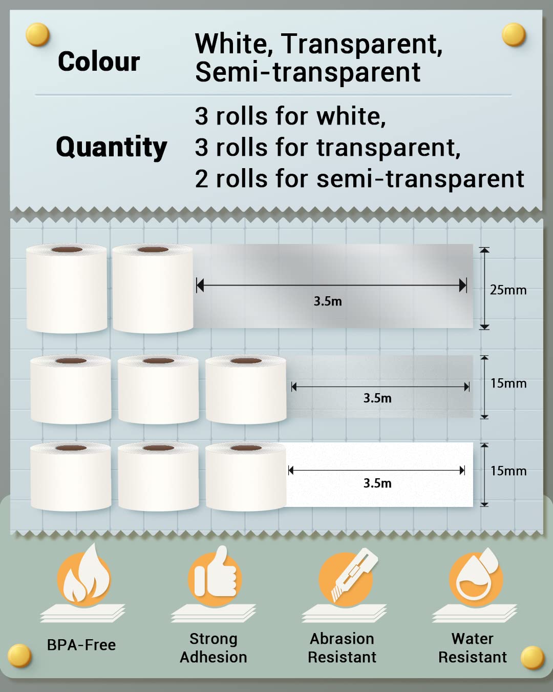 Phomemo Adhesive Thermal Sticker Paper, Semi-Transparent/Transparent/White, for Phomemo M02S/M02 Pro Mini Bluetooth Thermal Pocket Printer, 15mm/25mm Width, 2.5-3.5m Length, 6 Roll