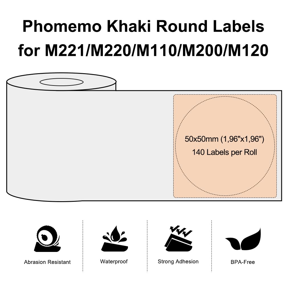 Phomemo Okrągłe, kolorowe etykiety samoprzylepne 50 x 50 mm, papier termiczny do drukarek etykiet Phomemo M110/M221/M200/M120/M220, 140 etykiet w rolce (khaki)