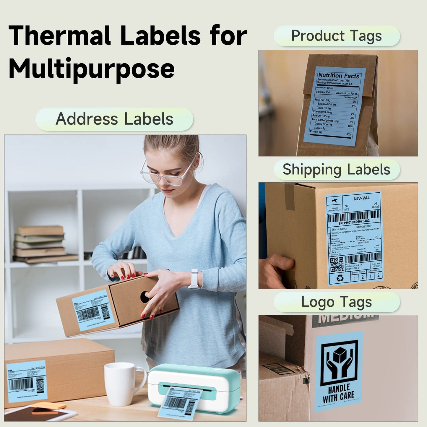 Phomemo Blue Shipping Labels- 4X6'' Thermal Shipping Labels -Fan-Fold Labels-for Shipping Labels, Address, Mail, Product Logo Labels, Barcode, 500pcs