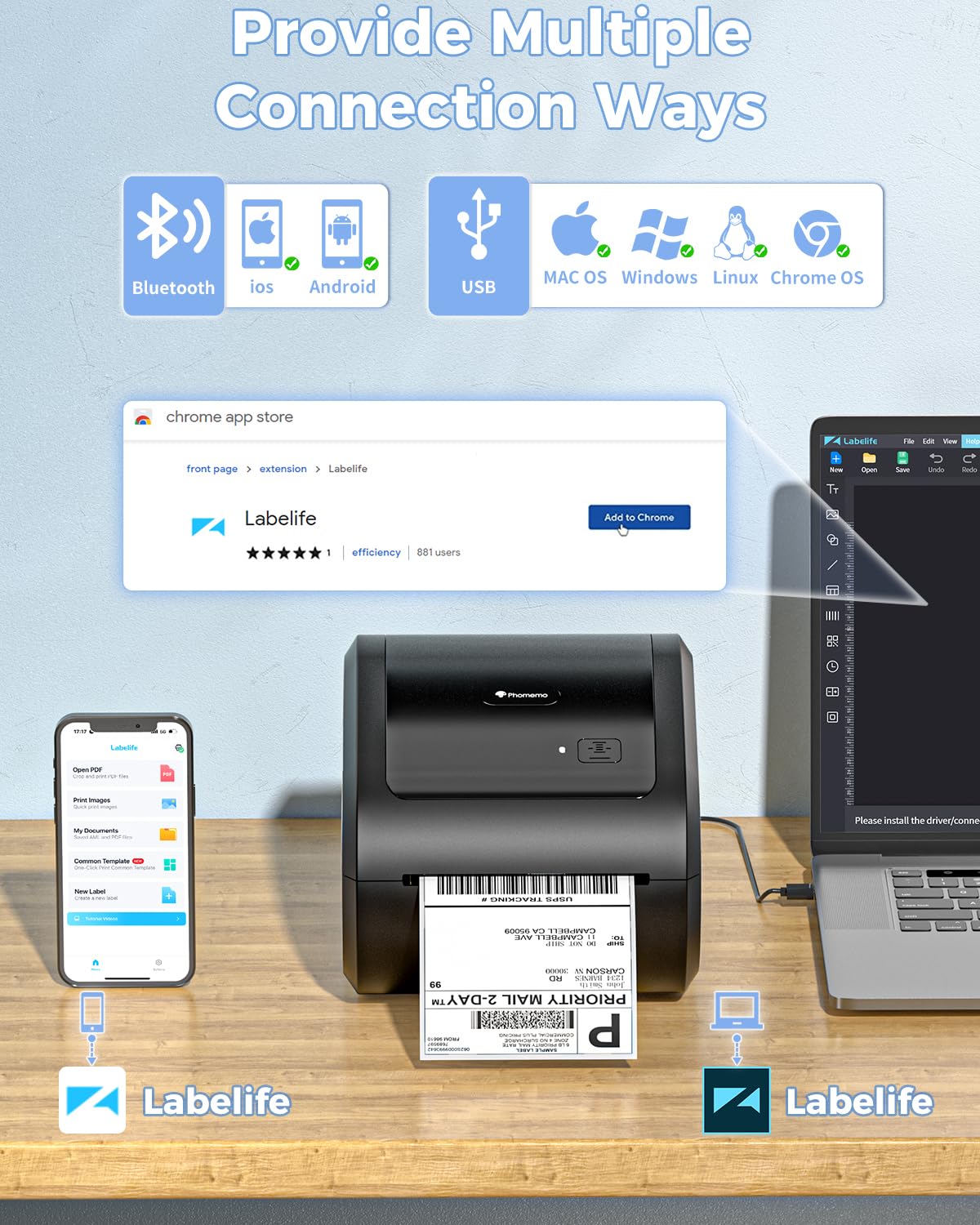 Phomemo Bluetooth Thermo-Etikettendrucker,D520BT USB Versand-Etikettendrucker 4x6,Kabelloser Thermodrucker für Pakete,Porto,Adresse,Logo,Kompatibel mit Ebay,Etsy,Amazon,Shopify,etc(All-Black