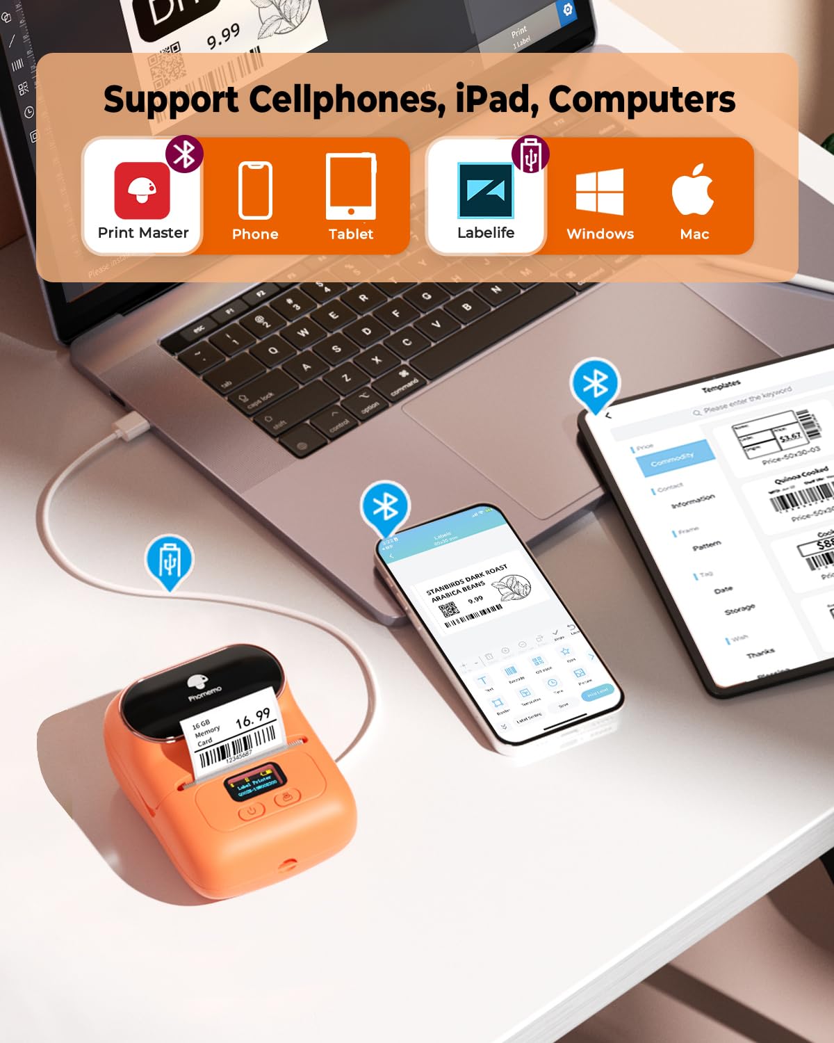 Phomemo M110 Impresora de Etiquetas,Juego de 3 Rollos de Etiquetas,Etiquetadora Autoadhesiva para Teléfono y PC,Impresora de Etiquetas Bluetooth,para el Hogar,La Oficina y la Pequeña Empresa(Naranja