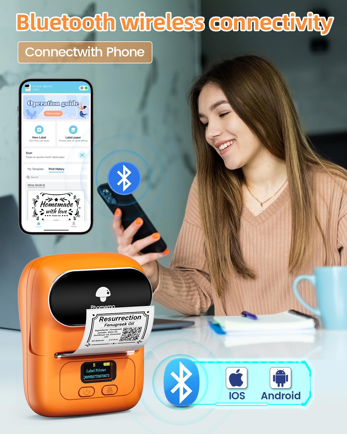 Phomemo Barcode Printer - M110 Label Maker Machine Wireless Bluetooth Themal Label Printer for Small Business, School, Barcode, Address, Jewelry, Clothing, Organizing, Orange