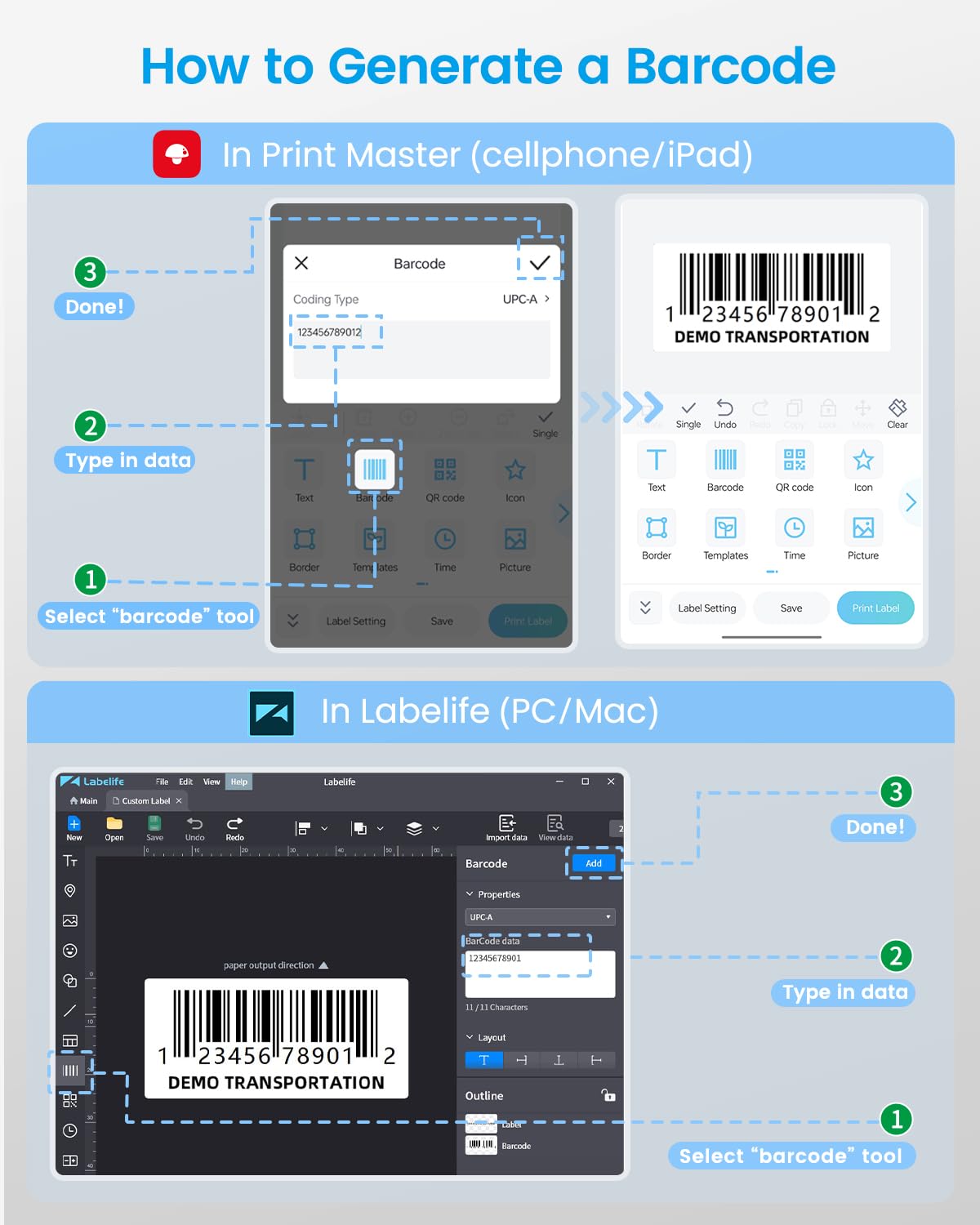 Phomemo M110 Label Printer - Bluetooth No Ink Printer, Mini Portable Barcode Label Printer for Retail, Address, Barcode, Home, for PC/Mac, iOS/Android, with 3pack Most Used Labels, Ebony Black