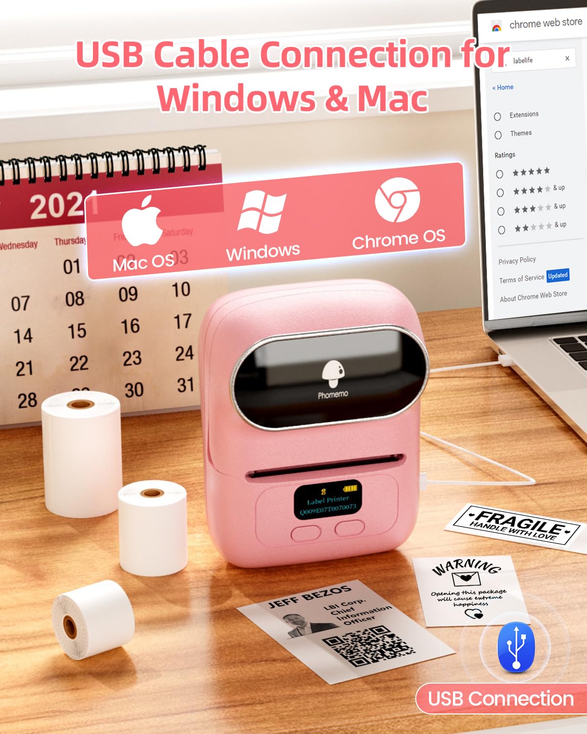 Phomemo -M110 Label Printer Portable Mini Bluetooth Thermal Label Manufacturer for Labelling, Office, Cable, Retail, Barcode and More, Compatible with Android and iOS Systems, Pink