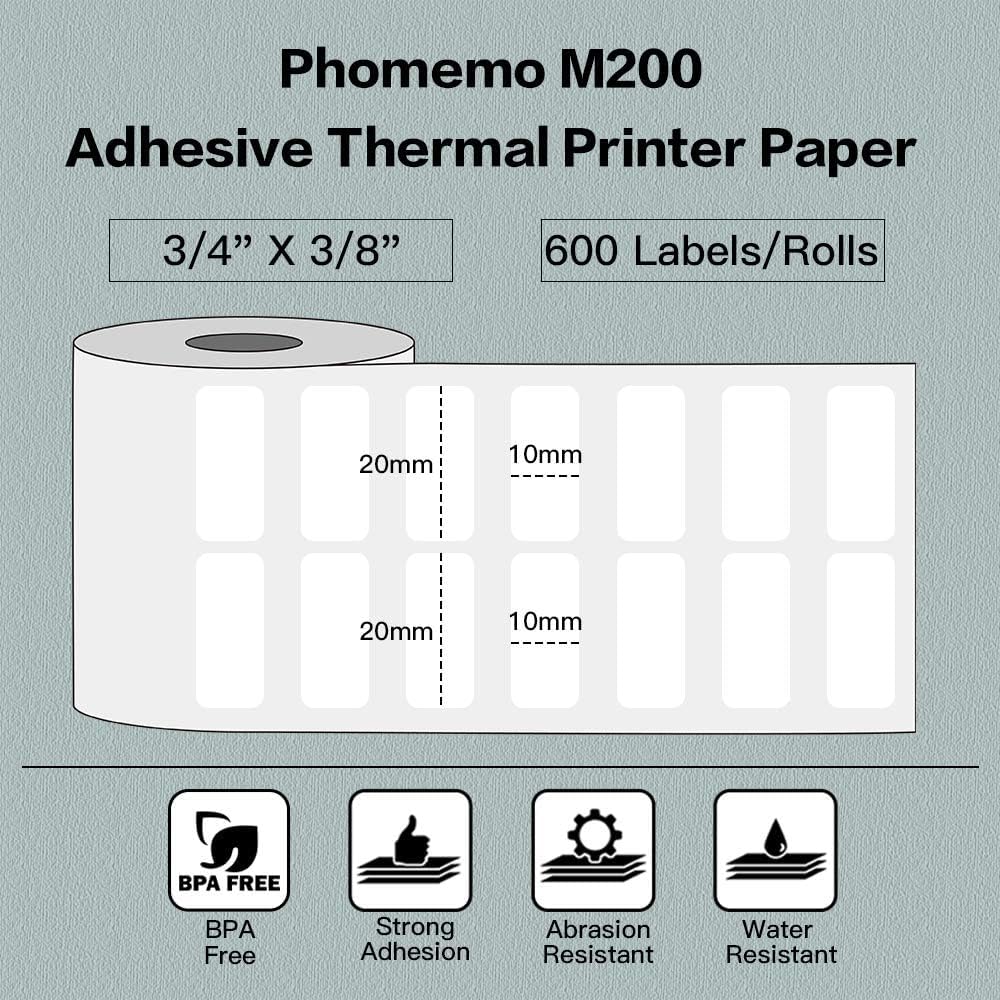 Phomemo Multi-Purpose White Self-Adhesive Label Paper for M200/M110/M220/M120/M221 Label Printer, 3/4'' X 3/8''(20x10mm), 600 Labels/Roll
