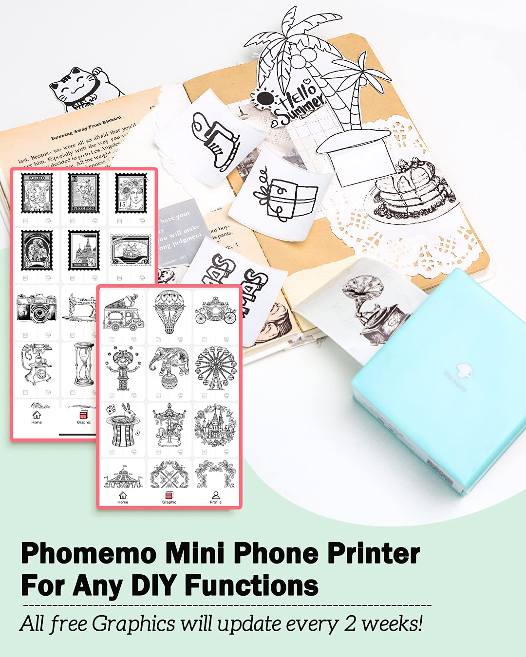 Phomemo Sticker Printer -M02 Mini Thermal Printer Bluetooth Sticker Maker with 3 Rolls Paper, for DIY Creation, Study Notes, Memo, Receipts, List, Work Plan, Gift, Cyan