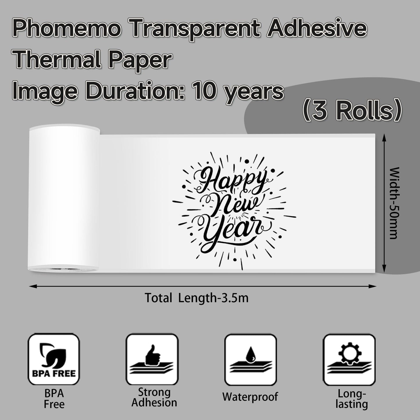 Phomemo Transparent Self-Adhesive Thermal Paper, Compatible with Phomemo T02/M832/M02/M02S/M04S Thermal Printer, 50mm x 3.5m, 3 Rolls
