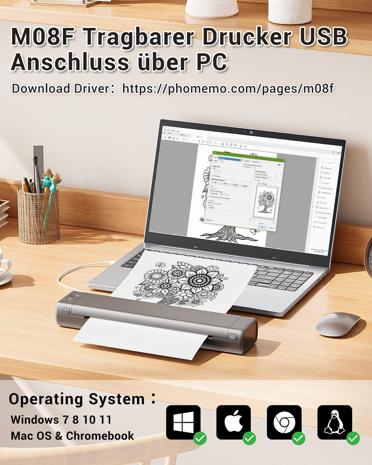 Phomemo Przeno?na drukarka M08F Bluetooth, drukarka A4, obs?uguje papier termiczny 210 x 297 mm, bezprzewodowa drukarka podr¨®?na bez tuszu, kompatybilna z systemem Android i iOS, do podr¨®?y i laptopa
