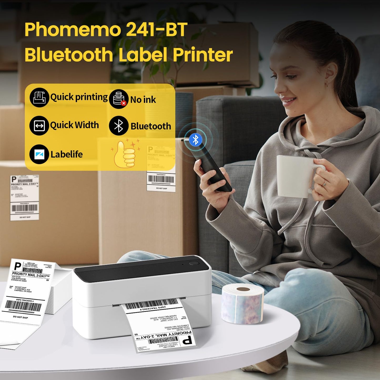 Phomemo 241-BT labelprinter, Bluetooth thermische printer, DHL labelprinter, 4 x 6 labelprinter, thermische labelprinter, ettiketeerapparaat voor verzendpakketten, compatibel met Ebay, Amazon, Etsy,