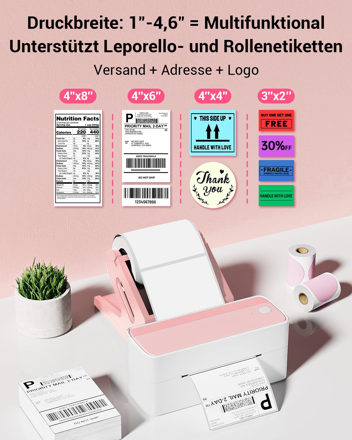 Phomemo Bluetooth etiket yazıcı, DHL termal yazıcı 4XL etiket yazıcısı, Mac/PC için, Nakliye etiket yazıcısı, barkod, Amazon, Ebay, Etsy & Shopify, DHL ups için etiket yazıcısı - pembe