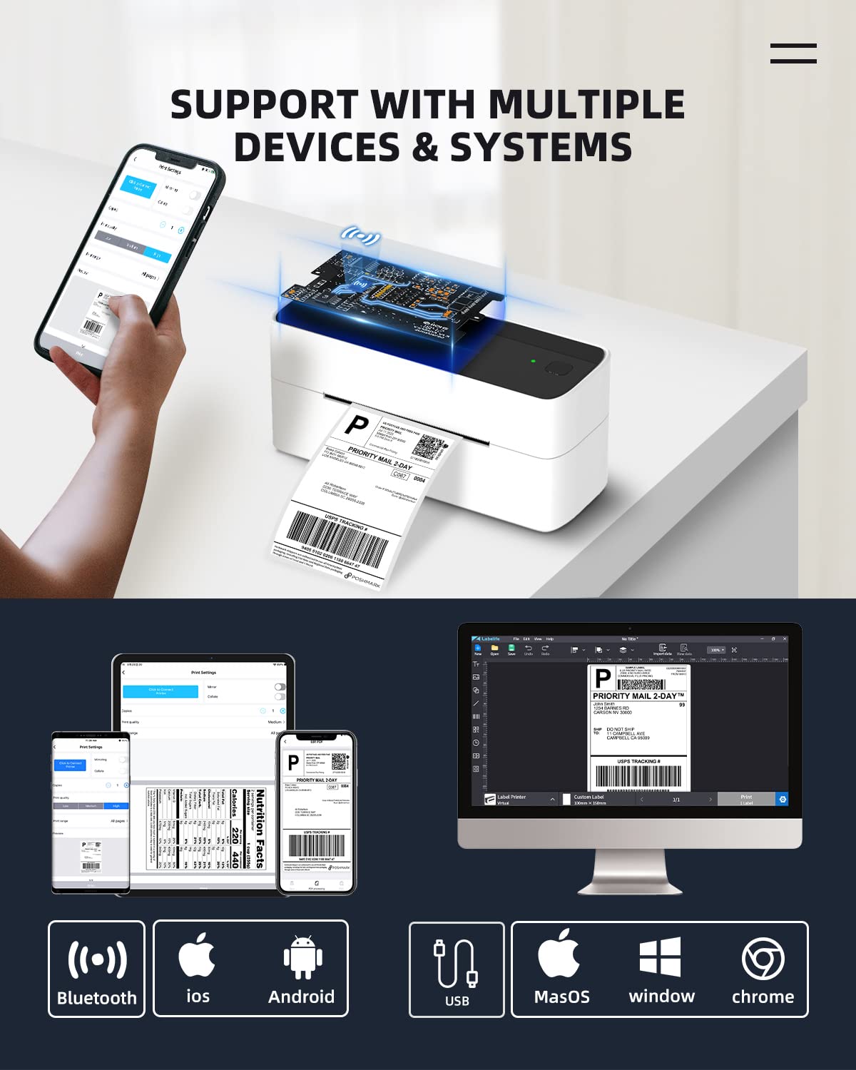 Phomemo Bluetooth Thermal Label Printer for Shipping - Wireless Compatible with iOS&Android&PAD&PC, Widely Used Ebay, Shopify, TikTok, Etsy, USPS, FedEx, DHL, Black-White (241-BT)
