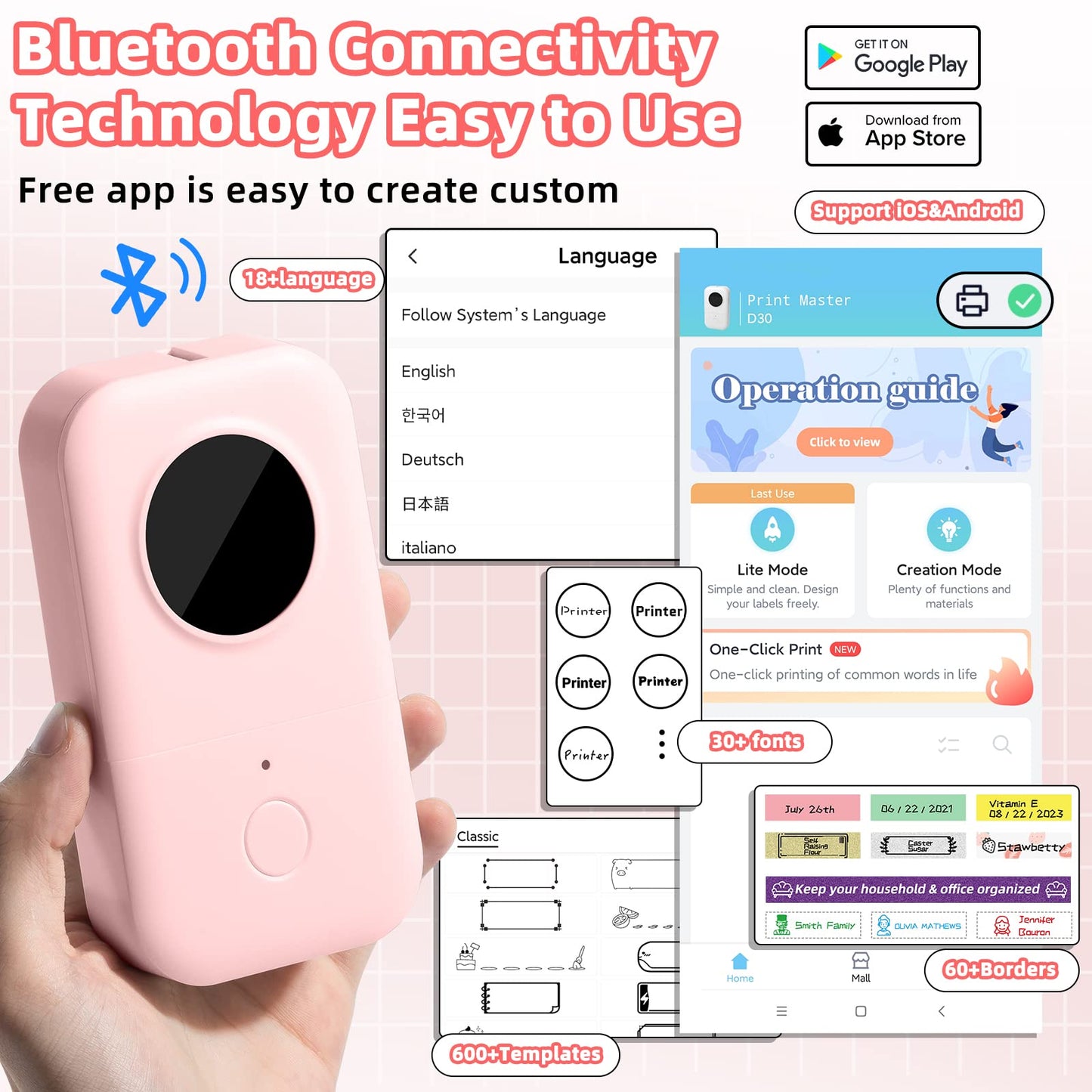 Phomemo Bluetooth Mini Label Printer, D30 Label Maker Machine with Tape for Storage, Barcode, Address Labeler, Wireless Thermal Label Makers with Multiple Templates for Organizing Office Home, Pink