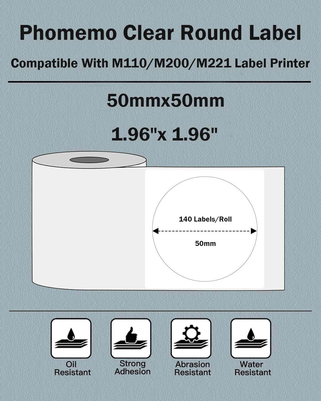 Phomemo Clear Circle Label for M110/M221/M220/M210/M200-1.96''x 1.96'' (50x50mm) Transparent Paper for Barcode, Product Tag, Logo Printing