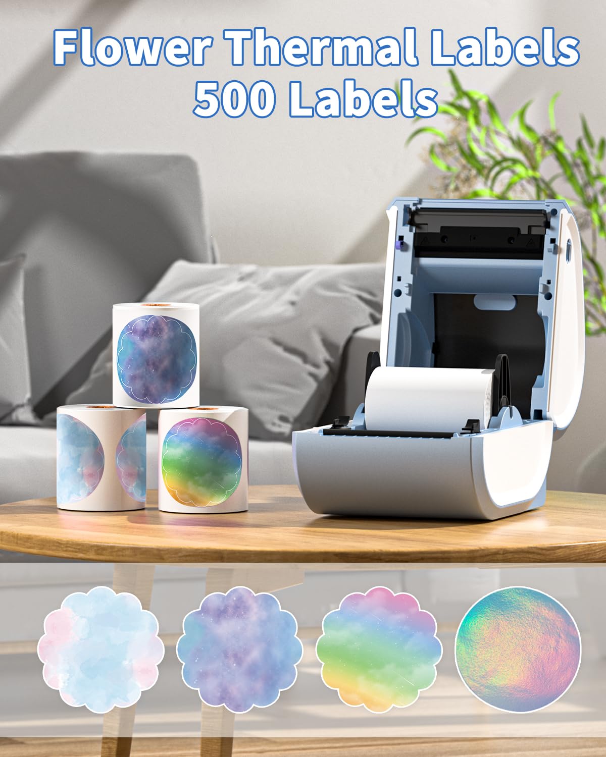 Phomemo Ronde Thermische Printer Etiketten 50x50mm,Zelfklevende Bloem Sterrenhemel Stickers,Cirkel Gepersonaliseerde Handgemaakte Etiket Stickers voor Kaart,Logo,Naam,Prijs,Code,etc(500Etiketten/Rol)
