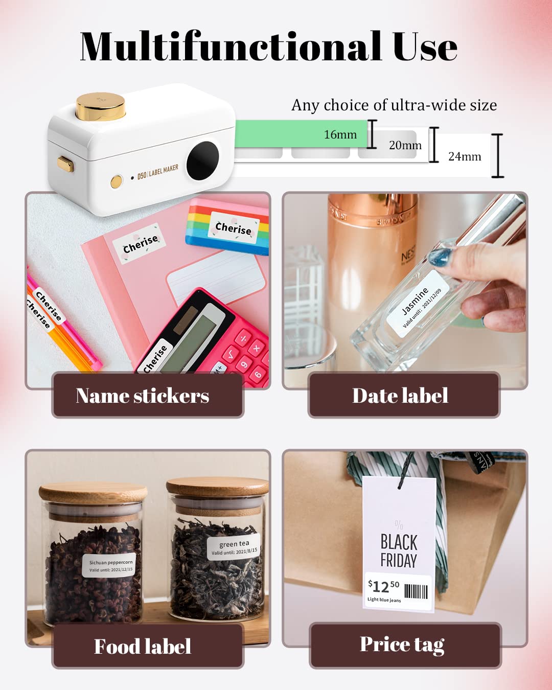 Label Maker -Phomemo D50 Mini Label Makers Portable Bluetooth Label Maker Machine,16-24mm Print Width for Organization,Office,Home, USB Rechargeable,Support iOS & Android
