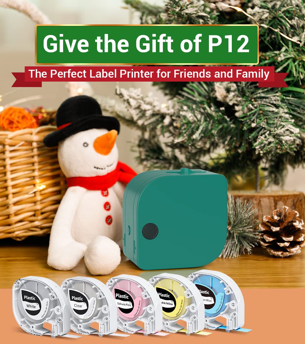 Phomemo P12 Mini étiqueteuse Bluetooth avec 5 rubans d'étiquettes, étiqueteuse thermique autocollante, imprimante d'étiquettes pour la maison, le bureau, pour iOS et Android, vert foncé