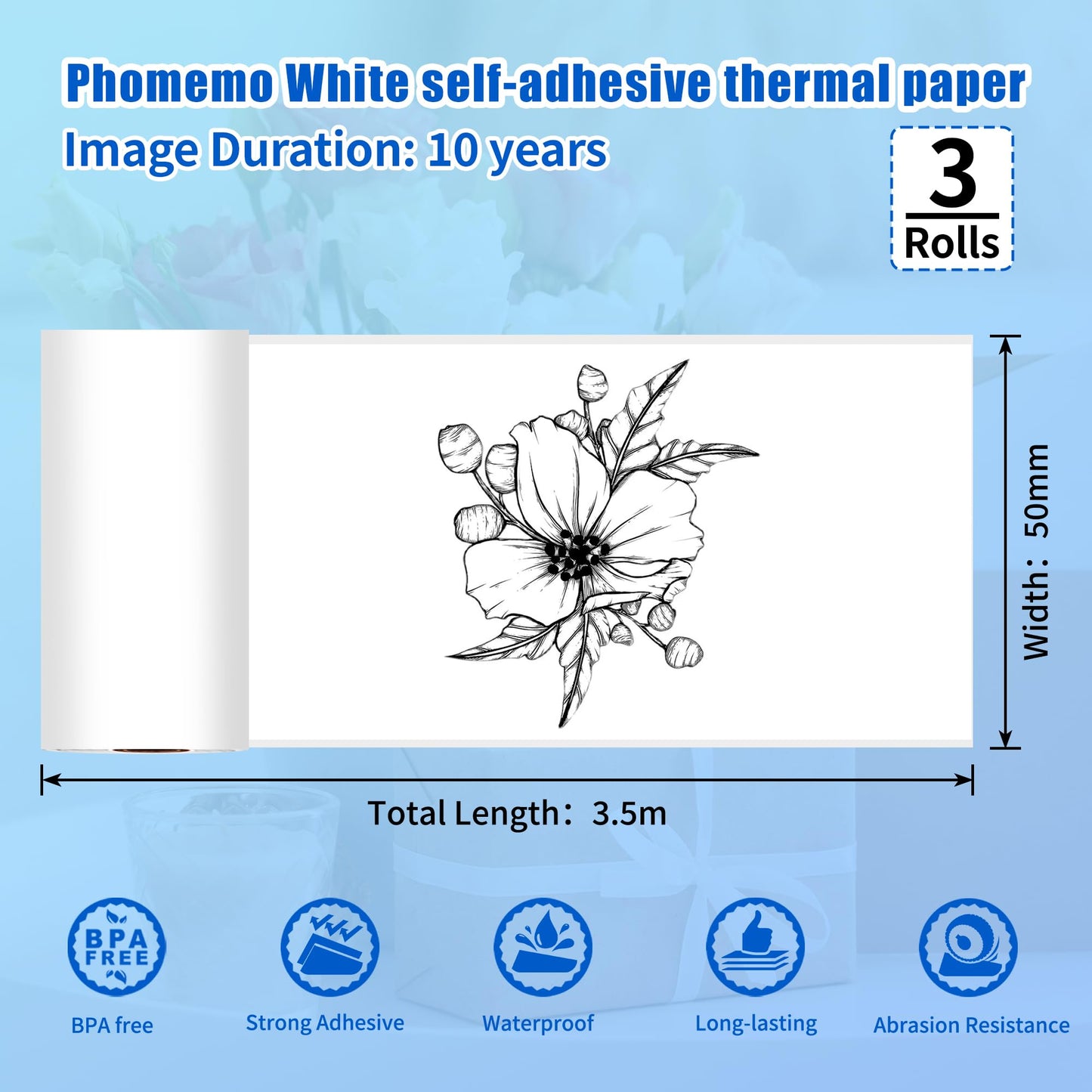 Phomemo Printer White Adhesive Thermal Sticker Paper, 50mm x 3.5m Compatible With Phomemo Q02/T02/M832/M02/M02 Pro/M02S/M04S Thermal Printer, Black on White, Keep for 2 Years, 3 Rolls