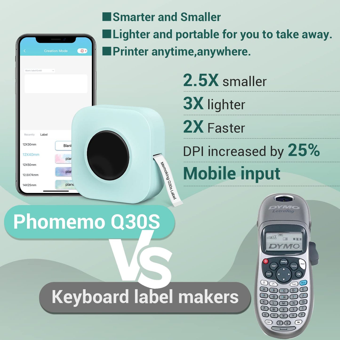 Phomemo-Q30S Label Maker-mini Bluetooth Thermal Label Printer Machine,Wireless Portable Label Machine Handheld for For Home, Office, School - With 1 Roll 12x40mm Label (Green)