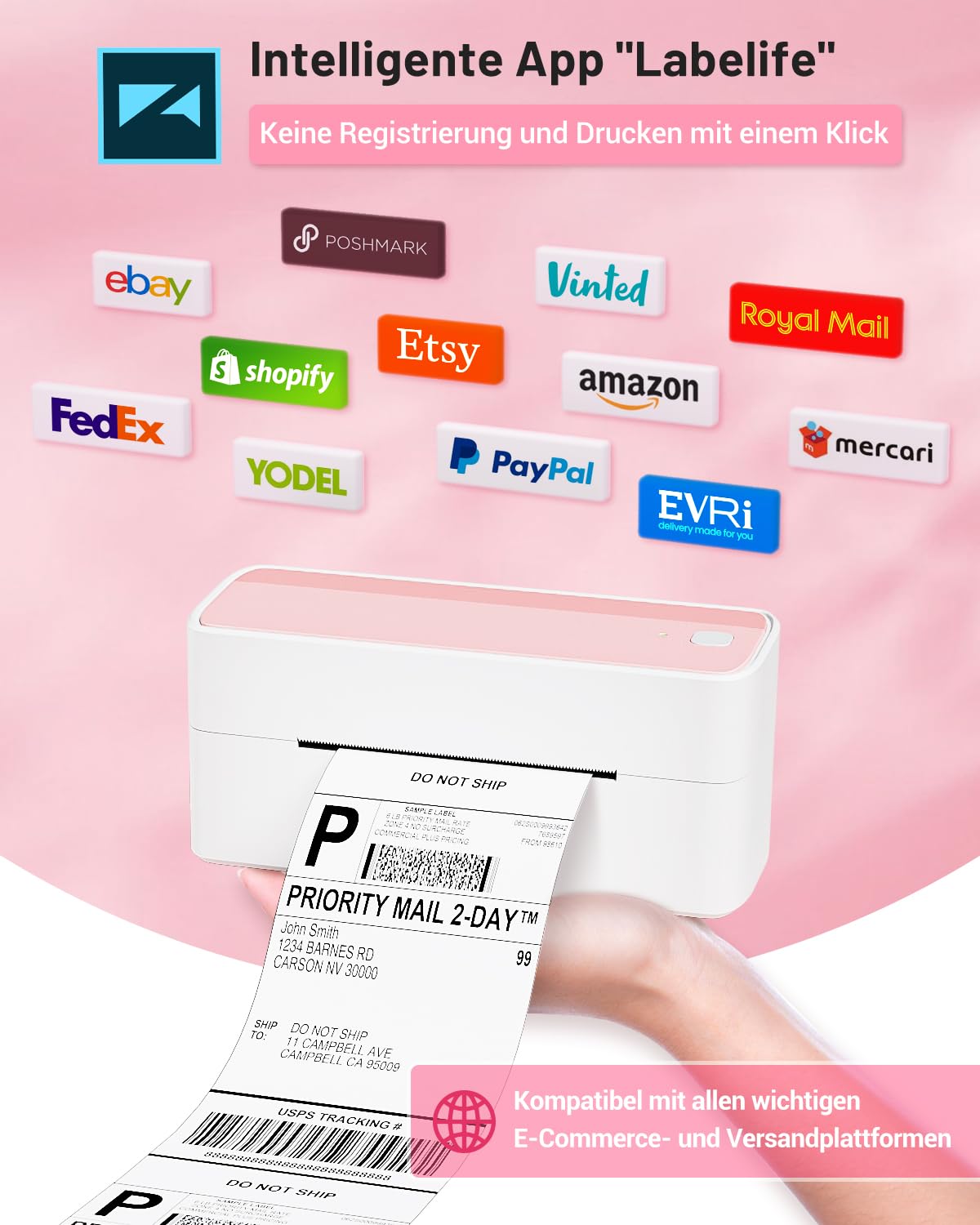 Phomemo Bluetooth etiket yazıcı, DHL termal yazıcı 4XL etiket yazıcısı, Mac/PC için, Nakliye etiket yazıcısı, barkod, Amazon, Ebay, Etsy & Shopify, DHL ups için etiket yazıcısı - pembe