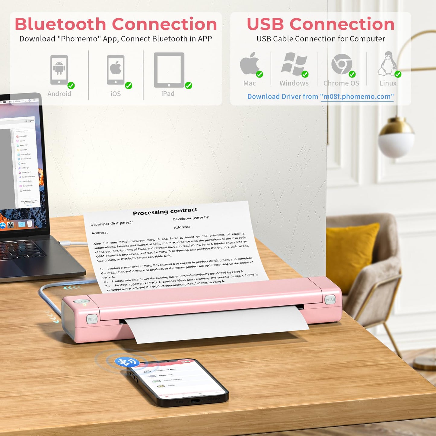 Phomemo Portable Thermal Printer - M08F Wireless Printer Support 8.5'' X 11'' Thermal Paper, Bluetooth Inkless Printer Compatible with iOS, Android & Laptop, Mobile Printer for Office, Home, School