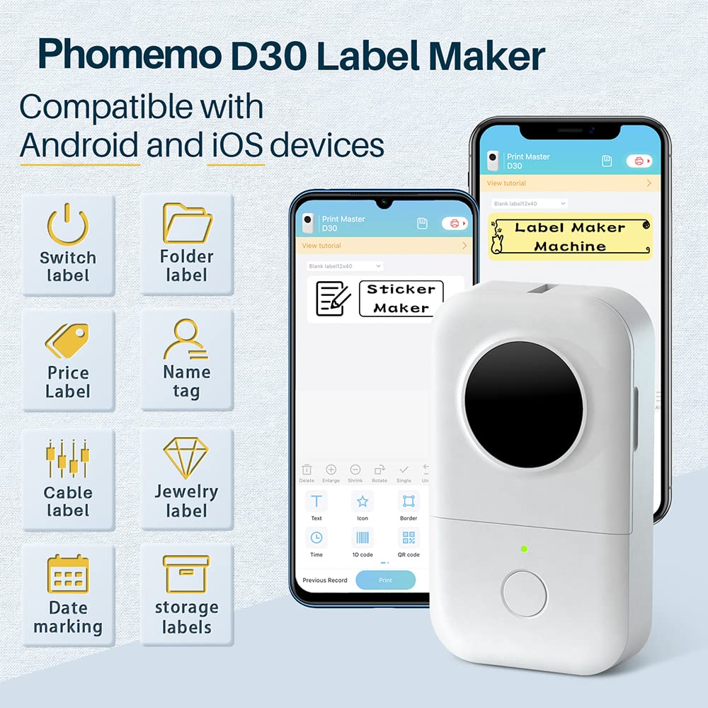 Phomemo ¨¦tiqueteuse autocollante D30 - Imprimante d'¨¦tiquettes - Mini ¨¦tiqueteuse portable - Imprimante d'¨¦tiquette Bluetooth - Imprimante thermique pour iOS et Android - Avec ¨¦tiquettes - Blanc