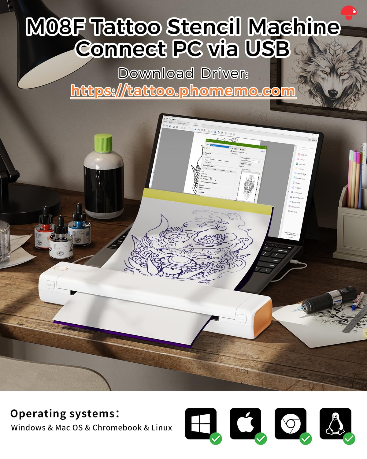 Phomemo Tattoo Stencil Printer, M08F Bluetooth Tattoo Printer for Tattoo Studios, Artists & Beginners, Wireless Tattoo Machine Compatible with Phone, iPad & PC, with 1 Case & Tattoo Transfer Paper