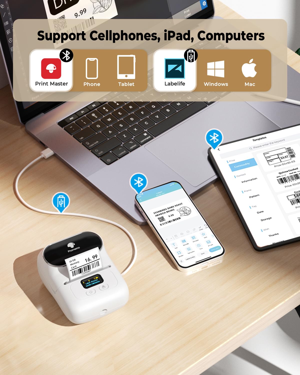 Phomemo Barcode Printer - M110 Thermal Label Printer, Upgraded Bluetooth Portable Label Maker for Small Business, Address, Sticker, Home for Phone; for PC/Mac(USB), with 100pcs Labels, Snow White