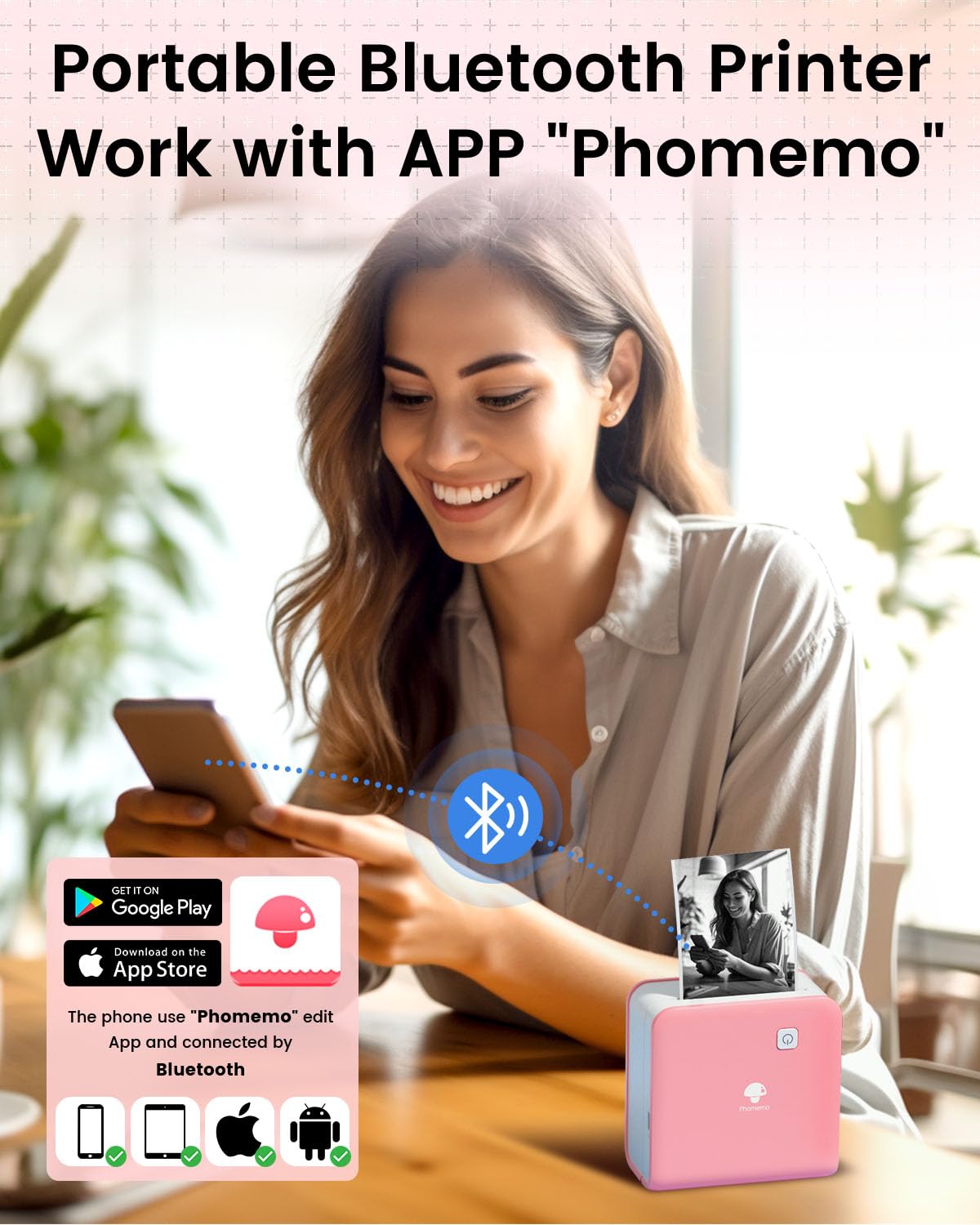 Phomemo Bluetooth printer, thermal photo printer, mini sticker, printer, mobile phone, pocket printer, 300 DPI resolution for iOS and Android system, suitable for study, photo printing, work, memo,