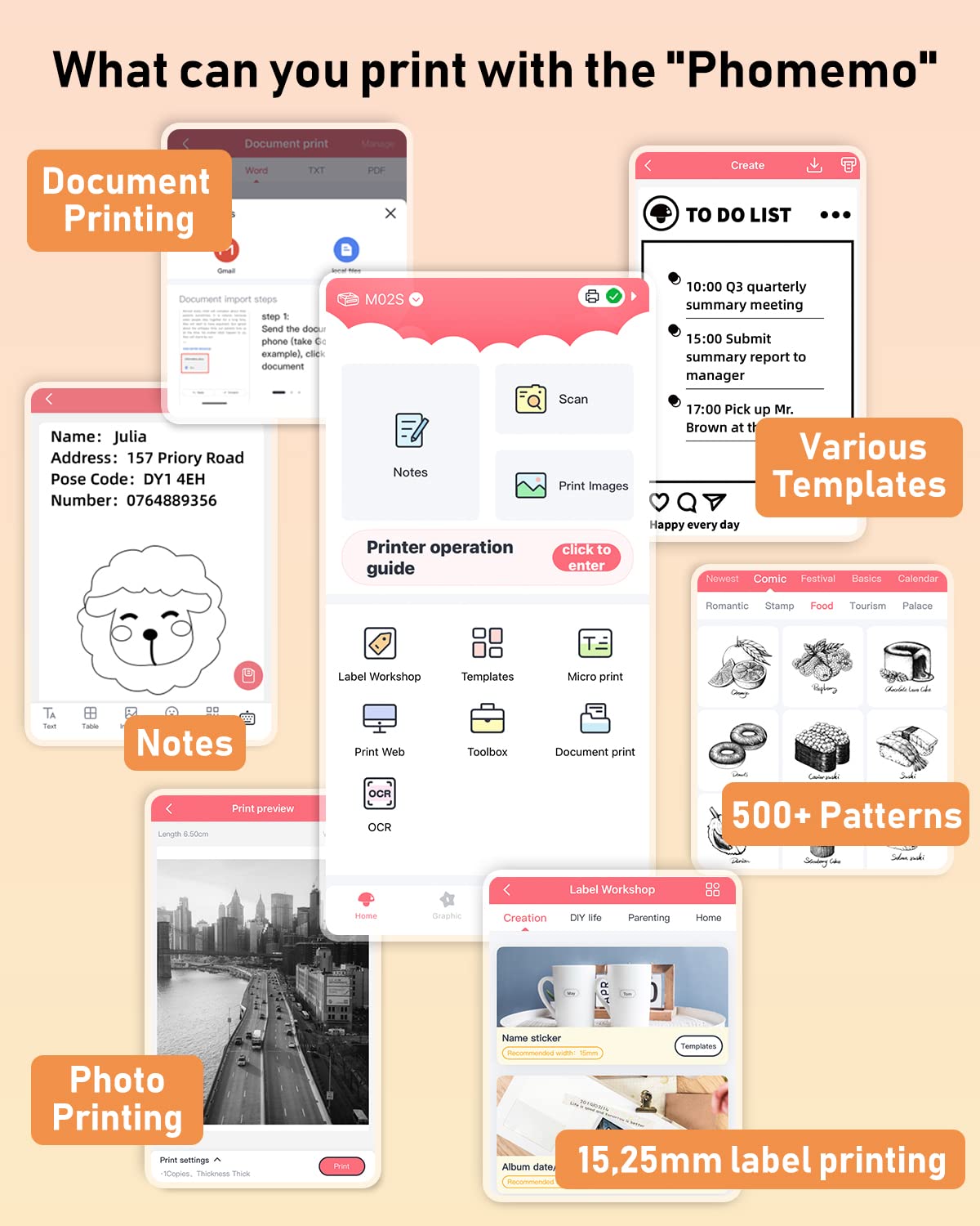 Phomemo Cep yazıcı, mini yazıcı, termal fotoğraf yazıcı, taşınabilir Bluetooth yazıcı, iOS ve sistem için 300 DPI HD baskı, sayma işaretleri, fotoğraf baskısı, iş için uygun, siyah