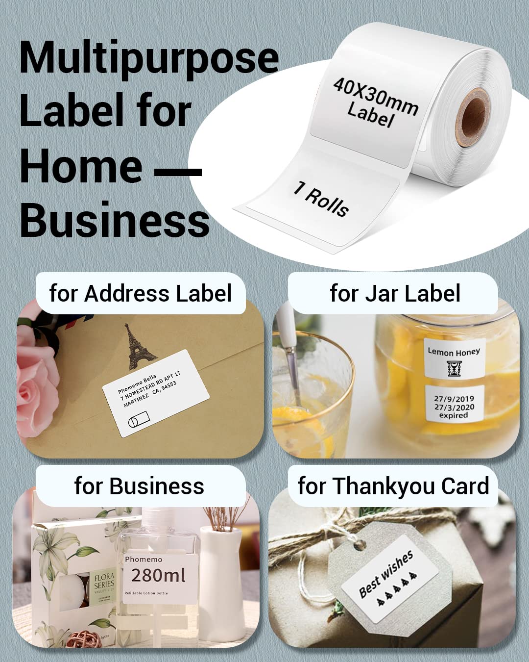 Multi-Purpose Square Self-Adhesive Label for Phomemo M110/M221/M220/M120/M200/M110S,1.57''x1.18''(40x30mm),230 Labels/Roll, Black on White