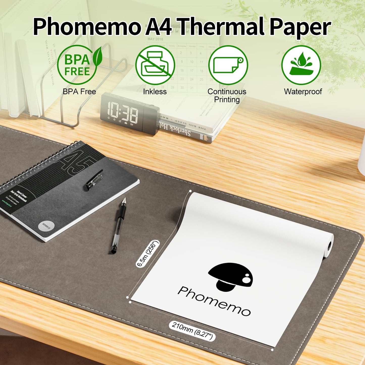 Phomemo 2 rollos de papel para impresora t¨¦rmica ¨C Papel tama?o carta A4 210 mm x 6,5 m (8,27 x 256 pulgadas), compatible con Phomemo M08/P831/M832/M833/M834 Impresora port¨¢til A4, para viajes, hogar