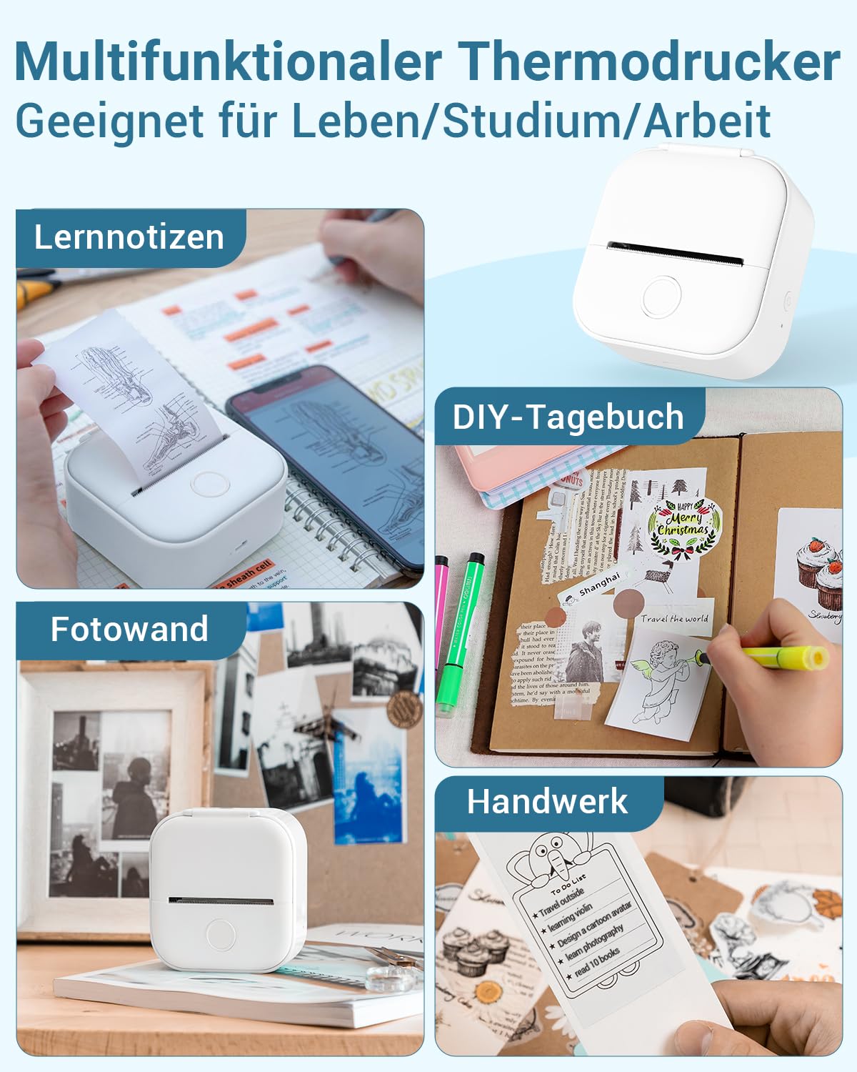 Phomemo Mini-printer, T02 fotoprinter voor smartphone, mobiele telefoonsticker, thermische printer voor iOS en Android, draagbare sticker, bluetooth-printer, kleine printer voor organizer, tieners,