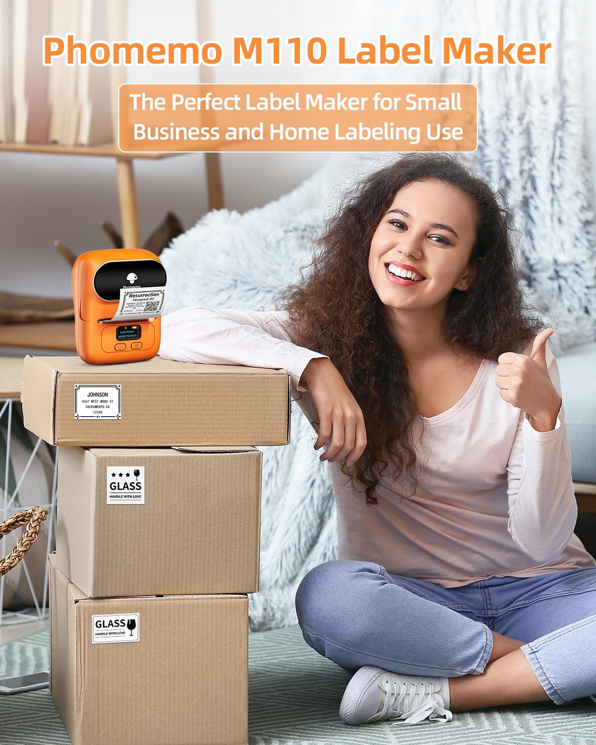 Phomemo Barcode Printer - M110 Label Maker Machine Wireless Bluetooth Themal Label Printer for Small Business, School, Barcode, Address, Jewelry, Clothing, Organizing, Orange