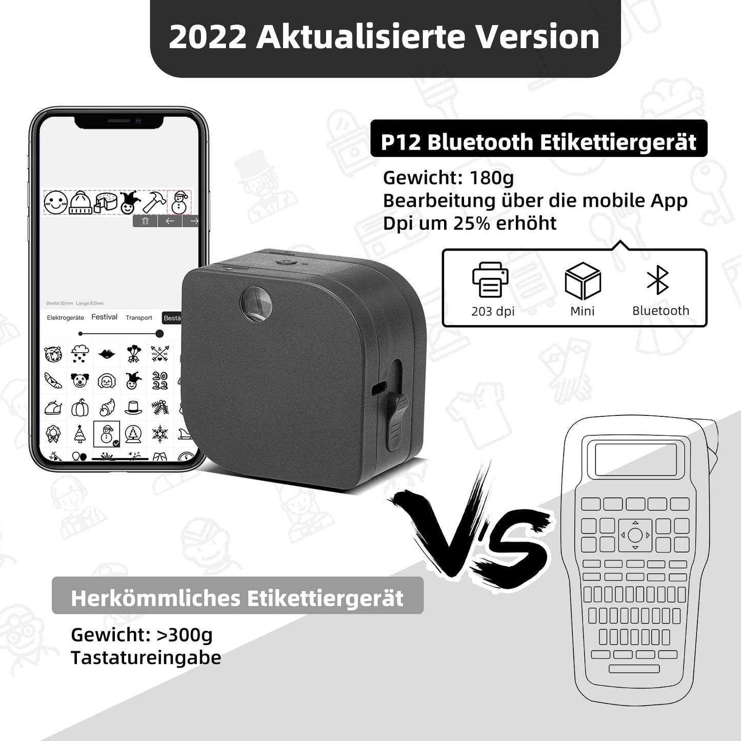 Phomemo P12 Etikettendrucker Bluetooth, Mini labelmaker Beschriftungsger?t selbstklebend, Thermo Etikettierger?t Kompatibel with iOS & Android, labeldrucker f¨¹r Zuhause und das B¨¹ro-Mattschwarz