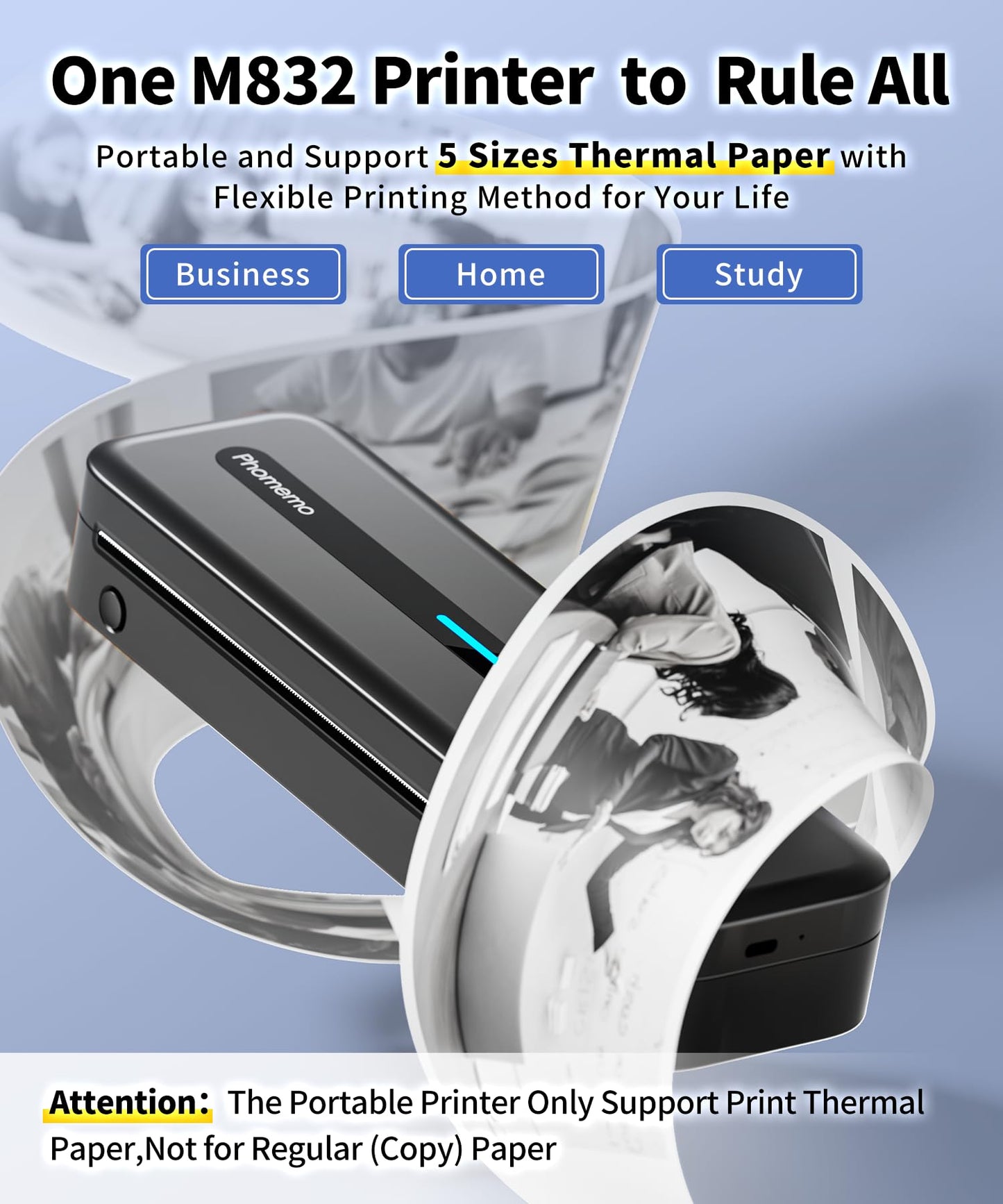 Phomemo New Released Portable Inkless Printer, M832 Bluetooth Thermal Printer Supports 8.5'' x 11'' US Letter Size, Wireless Stencil Printer for Business, Office, Home, Compatible with Phone & Laptop