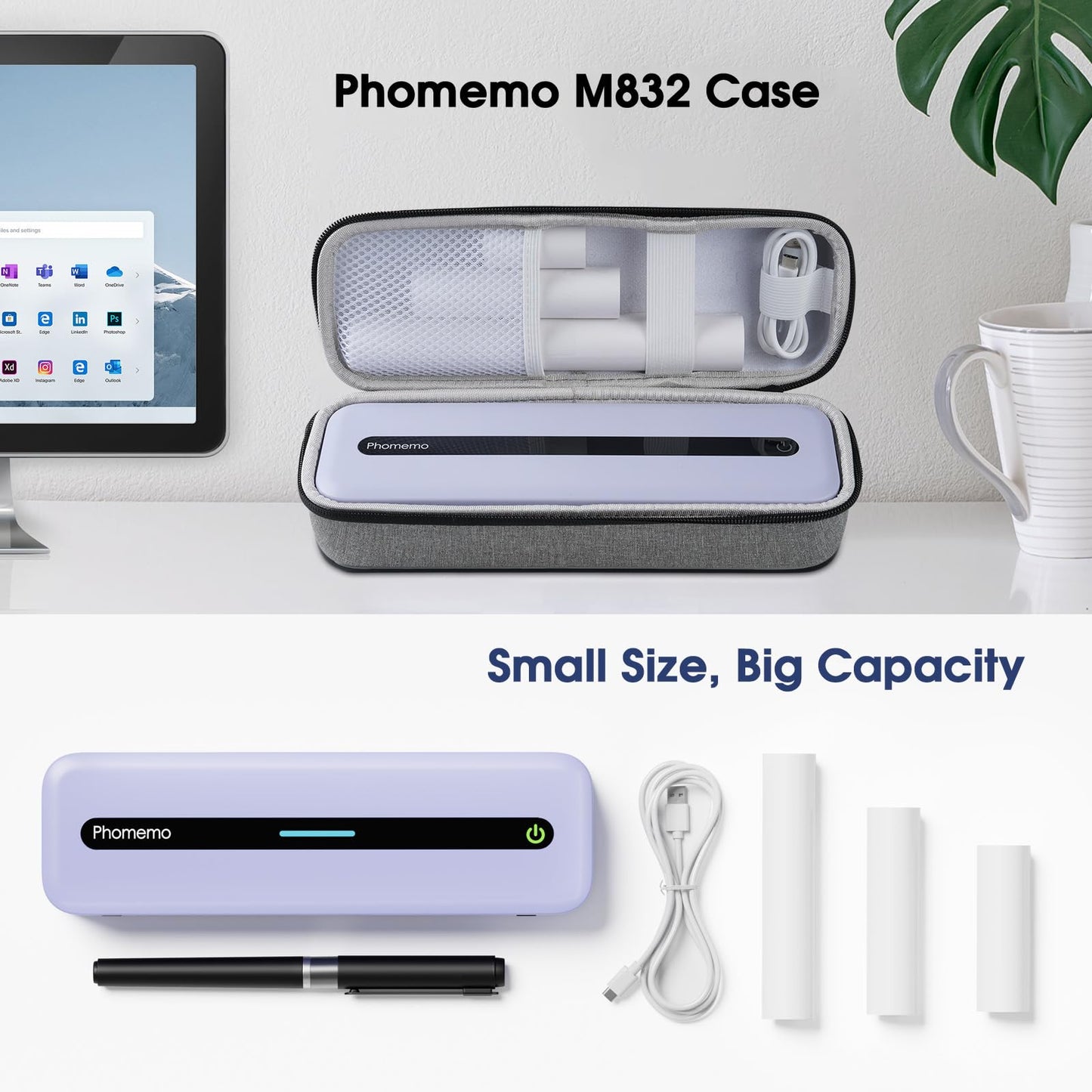 Phomemo Carrying Bag, Compatible with M832 Portable Printer, Storage Holder Paper & USB Cable, for Wireless Mobile Travel Printer(Box Only), Grey